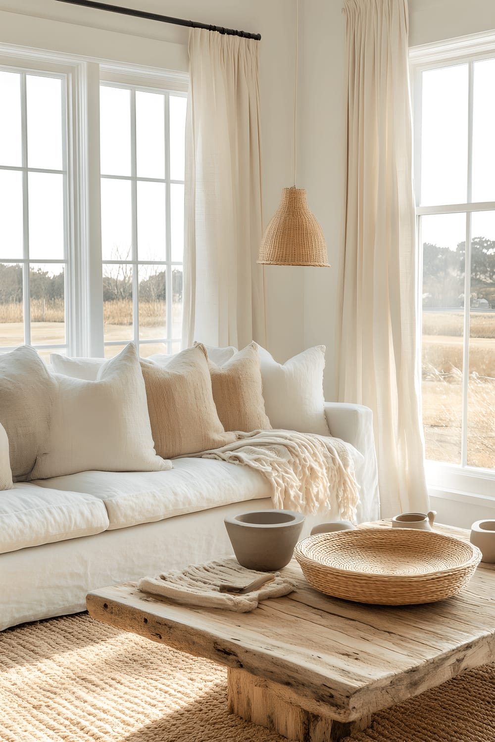 A small, bright living room inspired by Scandinavian design. The room features a soft beige fabric sofa draped with chunky knit throw blankets and a wooden coffee table with various textured ceramics and a woven tray. The room has light wood flooring and white walls, accentuated by natural light from a large window with double-layered linen curtains on two sides. The room is completed with a minimalist pendant lamp hanging from the ceiling and a cozy rug on the floor.