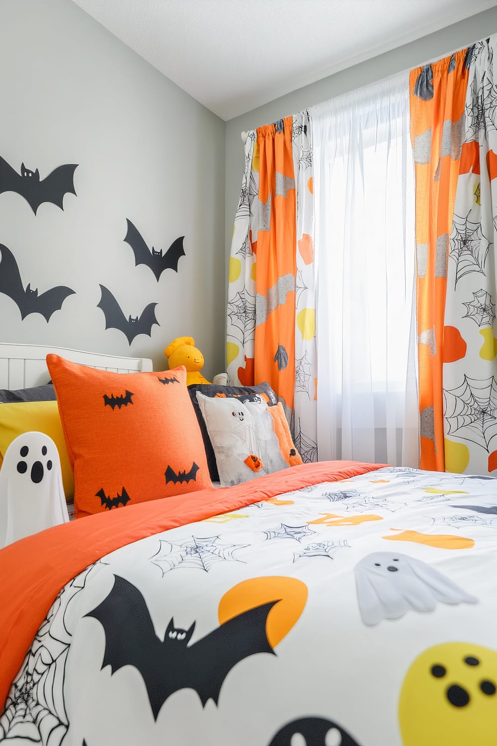 This image shows a child's bedroom decorated with a Halloween theme. The bed features a white, orange, and black comforter with ghost, bat, and spiderweb patterns. Matching pillows in orange and white display black bat designs and ghost motifs. The wall has black bat decals, and the window is adorned with colorful curtains depicting orange, yellow, and grey patches along with spiderweb designs. A yellow plush toy is perched near the pillows.