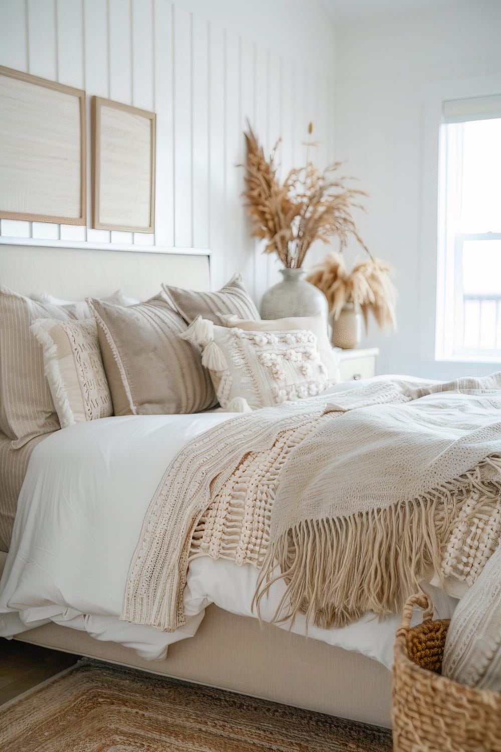 A serene bedroom features a bed with various textured neutral pillows and throws, set against a shiplap white wall. Above the bed hang two framed artworks. A large vase filled with dried pampas grass sits on a bedside table with a window in the background. A woven basket and a textured rug sit at the bed's foot.