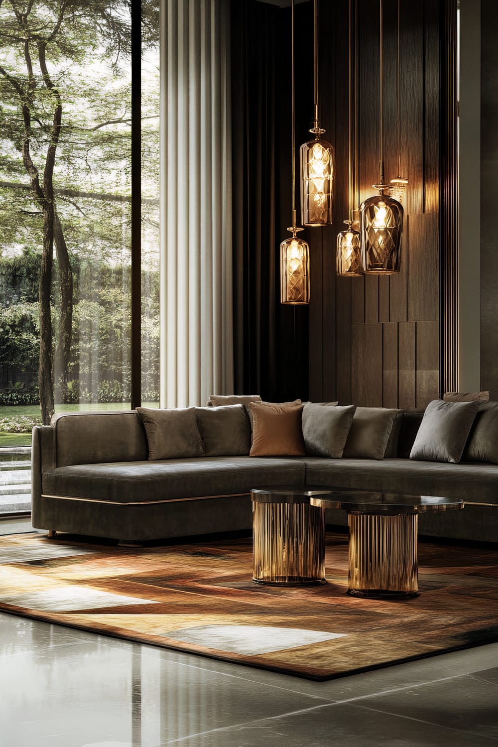 A modern living room featuring a large, L-shaped gray sofa with a combination of gray and brown throw pillows. Behind the sofa, a dark wooden accent wall contrasts with elegant pendant lights in glass shades. A large window reveals a lush green garden outside, while the floor is covered with a geometric-patterned area rug in earthy tones, accompanied by a pair of contemporary coffee tables with cylindrical, metallic bases.