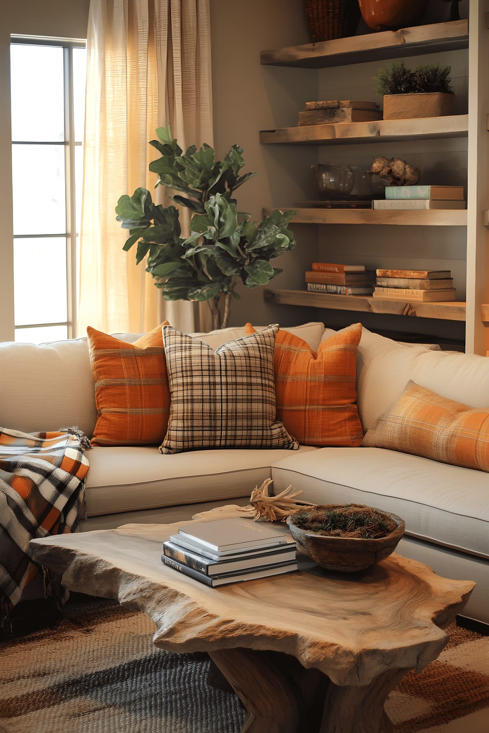 A small, modern rustic-style living room featuring a plush taupe-colored linen sofa adorned with a soft plaid throw blanket. A chunky wooden coffee table with live-edge details adds a natural touch to the space, complemented by a large potted rubber plant and reclaimed wood shelving filled with decorative accents. The room utilizes an earthy color palette with soft oranges and browns, enhanced with a combination of natural light from a corner window and ambient light from a rustic table lamp.