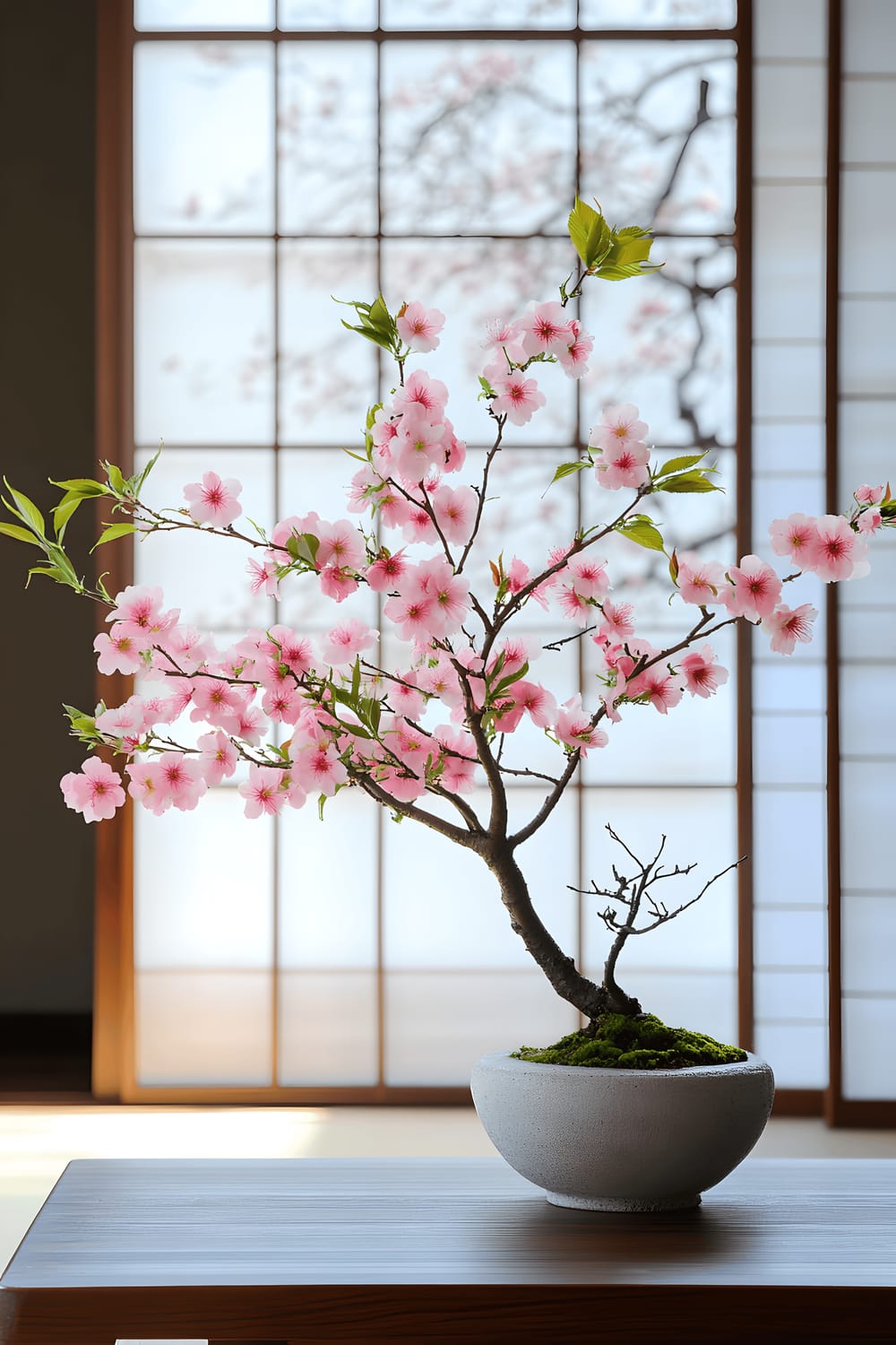 A serene dining table displaying a simplistic Ikebana floral arrangement made of cherry blossoms and green bamboo stems housed in a white ceramic vase. Next to the arrangement is a distinctly pruned bonsai tree in a dark stone pot. The tranquillity of the space is emphasized by soft ambient lighting, tatami mats, and sliding shoji screens in the background.