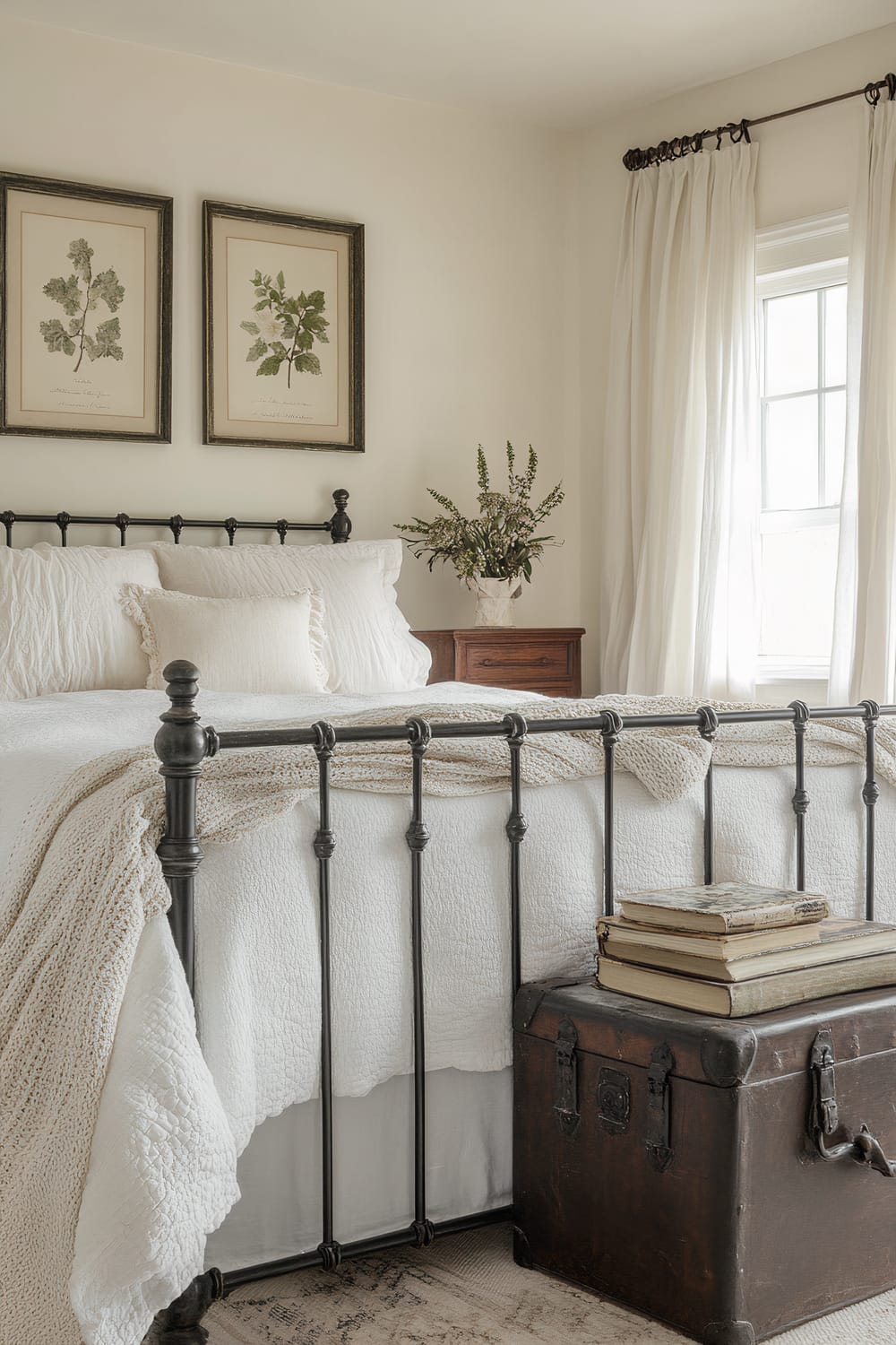 A serene bedroom featuring a black metal bed frame with a white quilted bedspread and textured throw blanket. Two framed botanical prints hang above the bed. A wooden nightstand with a floral arrangement in a vase sits to the right of the bed. Soft, white curtains frame a window, and a vintage wooden chest holding a stack of books rests at the foot of the bed.