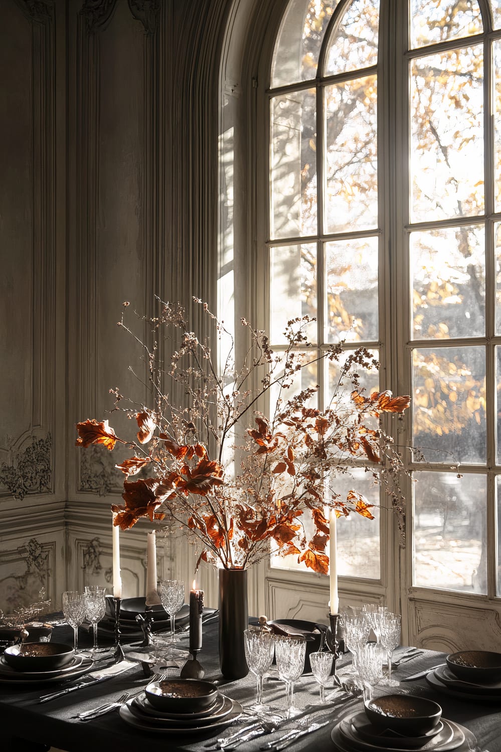 An elegantly set Thanksgiving table is placed under a grand, ornate window. The table features a sophisticated color palette with charcoal black and vibrant amber. Artistic floral arrangements with autumn leaves and sculptural candles adorn the table. Crystal glassware and sleek black dinnerware complete the setting.