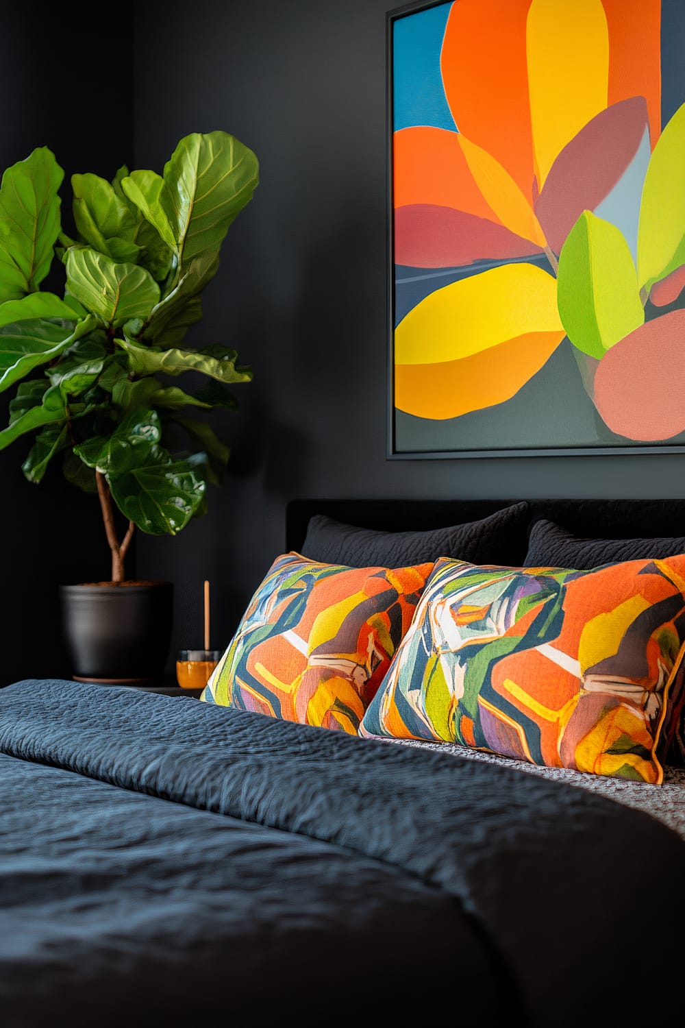 An artistic modern bedroom with a black upholstered bed featuring a bold patterned duvet and matching pillows. The room has dark charcoal walls and is adorned with a large colorful abstract painting. A potted fiddle leaf fig sits on a black nightstand beside the bed. Integrated warm-tone LED strip lighting enhances the room's atmosphere.