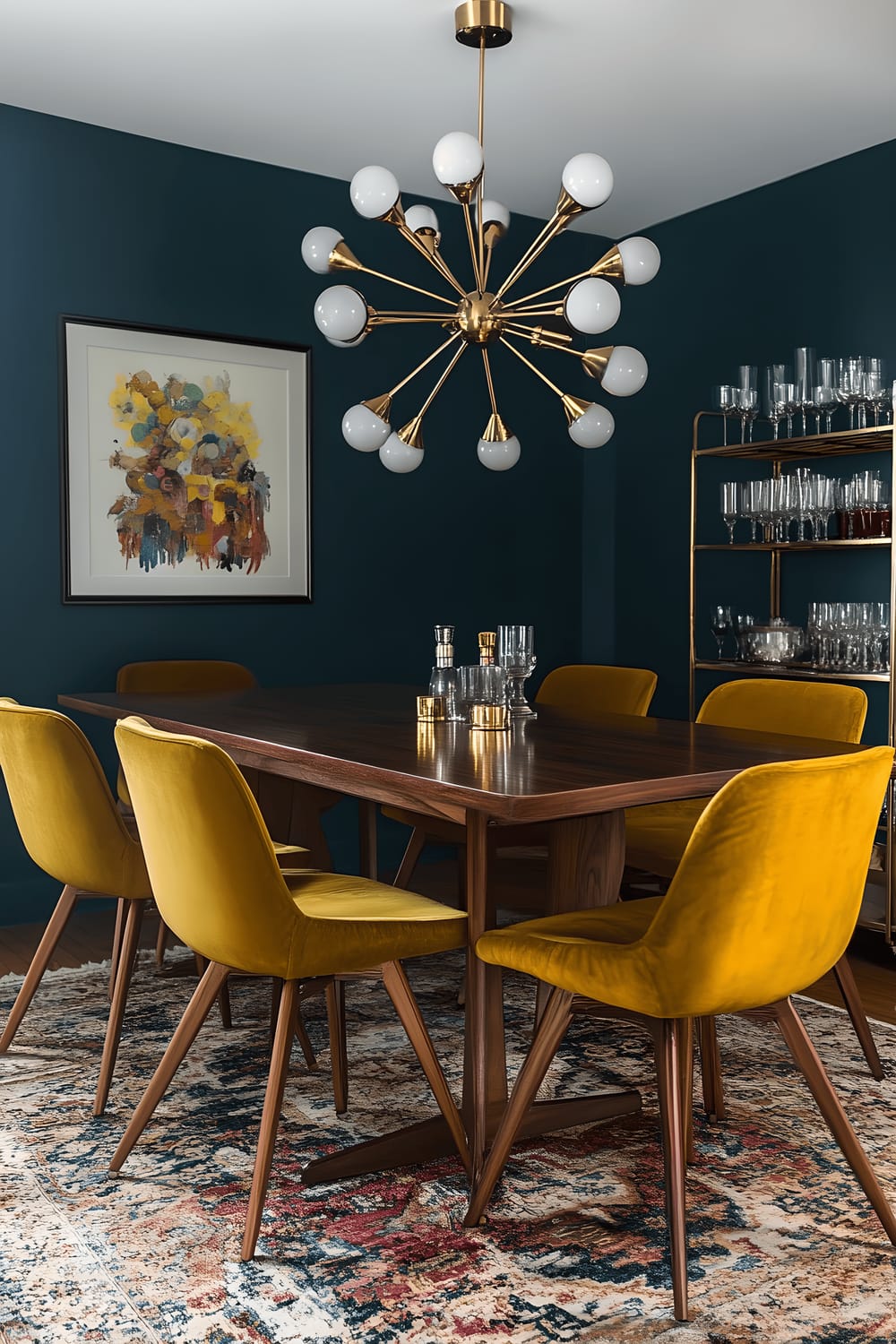 A striking mid-century dining room with dark teal walls, featuring a walnut dining table surrounded by mustard velvet chairs. An oversized Sputnik chandelier hangs over the table, and to the side is a gold bar cart laden with vintage glassware.