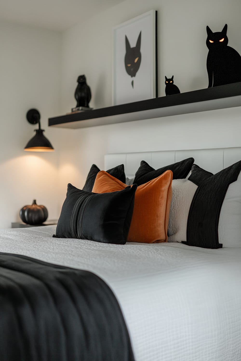 A contemporary bedroom styled for Halloween, featuring black cat silhouettes on floating shelves against stark white walls with black accents. The bed displays a neat arrangement of black and orange pillows on white bedding. Focused lighting illuminates a black pumpkin and decorative items.