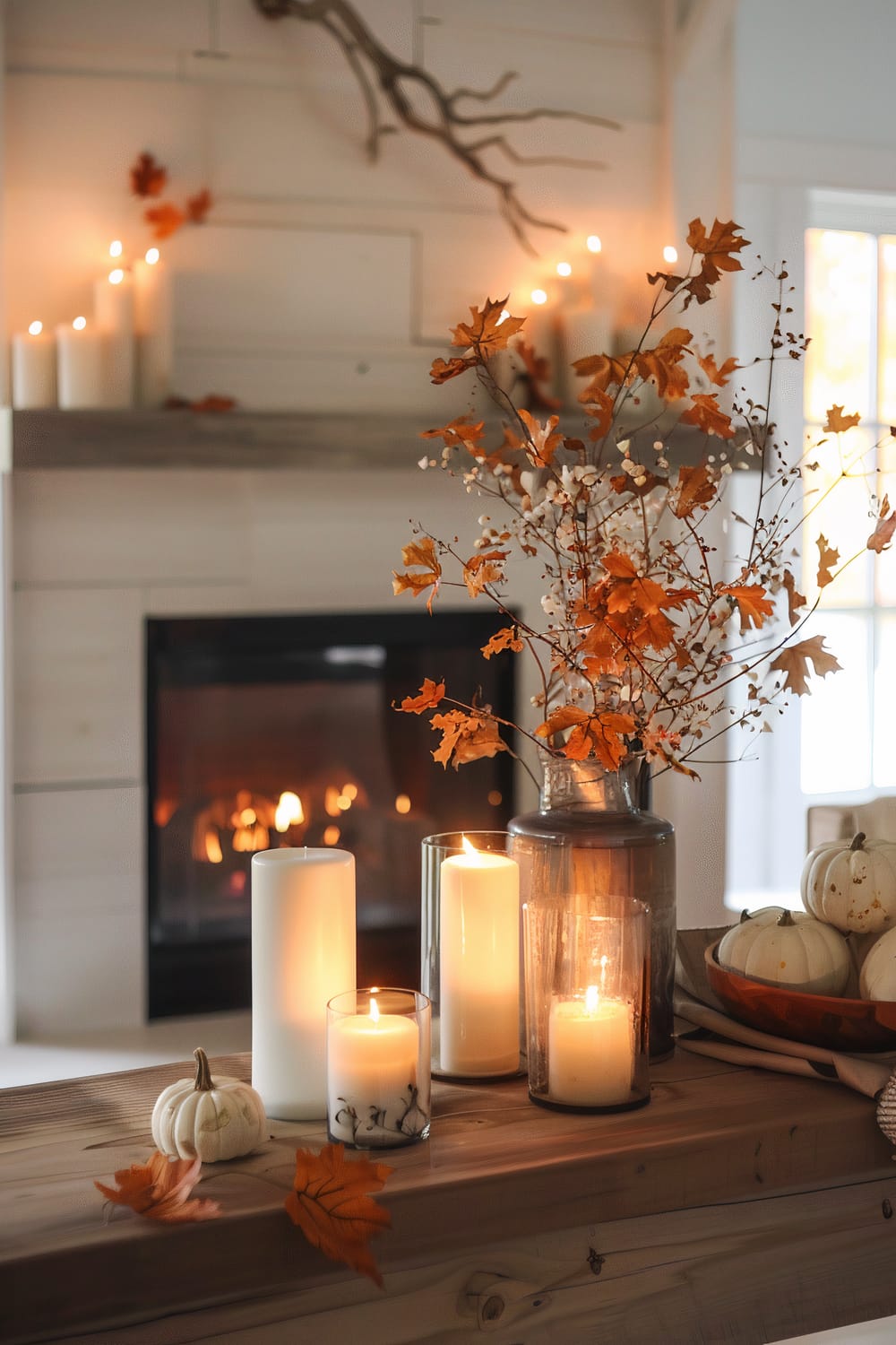 A warm, inviting fireplace scene decorated with autumnal elements. Candles of varying heights are lit, casting a soft glow on a wooden ledge. A bouquet of autumn leaves and white berries in a glass vase is featured, surrounded by a few small white pumpkins and scattered leaves, enhancing the cozy autumn atmosphere.