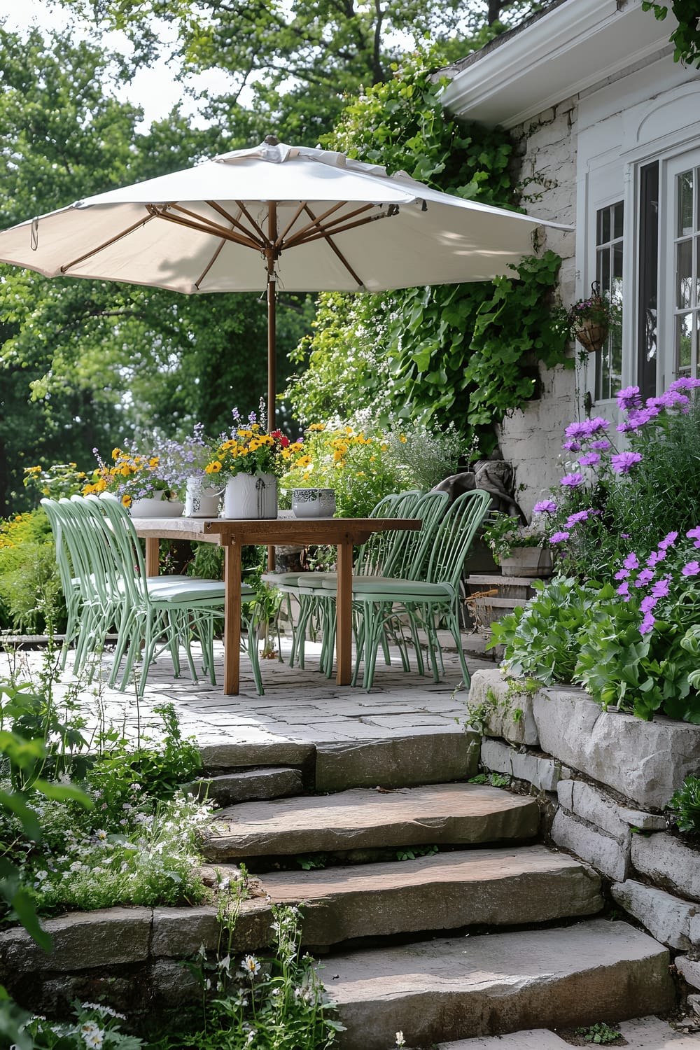 A charming multi-level patio area filled with built-in stone planters overflowing with a variety of flowers like petunias and nasturtiums. The main area features a rustic wooden dining table surrounded by pastel green metal chairs. A white parasol with a fringed edging provides shade over the table, and a centerpiece of beautifully arranged wildflowers inside a glass mason jar adds a touch of charm to the setup.