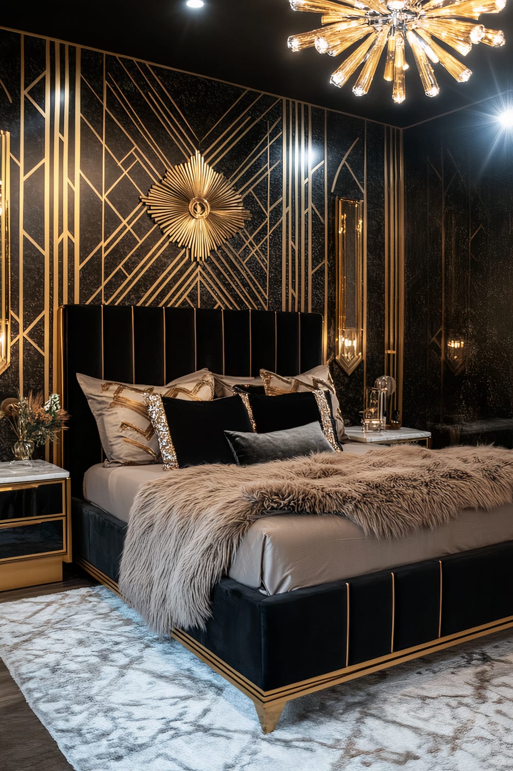 An opulent bedroom features a black and gold Art Deco design. The bed has a black, velvety headboard adorned with gold vertical lines, matching the geometric patterns on the shiny black walls. A luxurious fur blanket drapes across the bed, which has sequined and velvet pillows. Two sleek bedside tables with gold and black designs are decorated with stylish lamps and a plant. The ceiling showcases a starburst chandelier with golden rods and lights, enhancing the room's glamorous atmosphere.