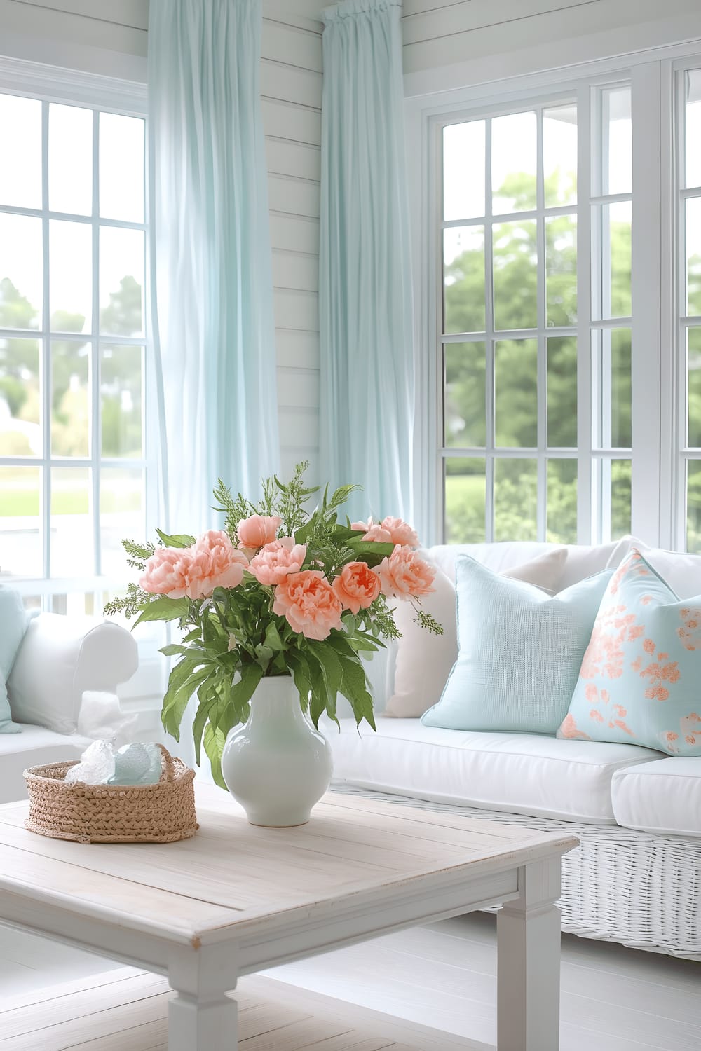 A sunny coastal sunroom drenched in light, painted in soft peach blossom hue, with the interiors adorned with white wicker furniture complemented by pastel aqua cushions. A light wooden coffee table in the center showcases a beautiful vase of fresh flowers boasting soft coral tones. Enormous windows with light blue drapes flood the room with vast natural light, creating a tranquil ambiance. Minimalistic décor with a pastel mint plant contributes to the aesthetic without cluttering the space.