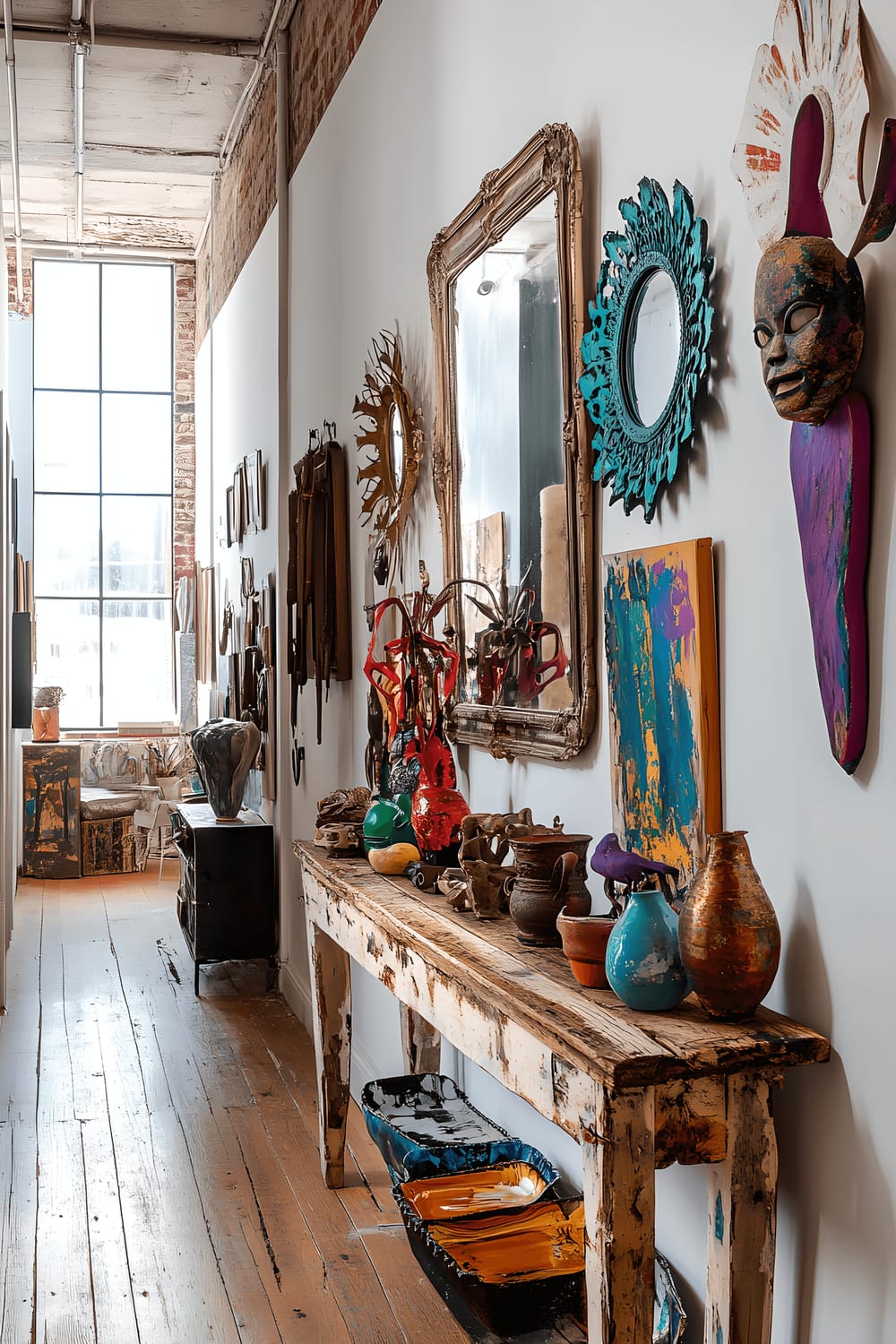 A high angle view of an eclectic hallway filled with a variety of vintage mirrors, metal wall sculptures, and colorful artwork hung on the walls. A repurposed wooden console table is adorned with various decorative items, and large windows allow natural light to flood into the vibrant space, enhancing the vivid colors and artistic vibe.