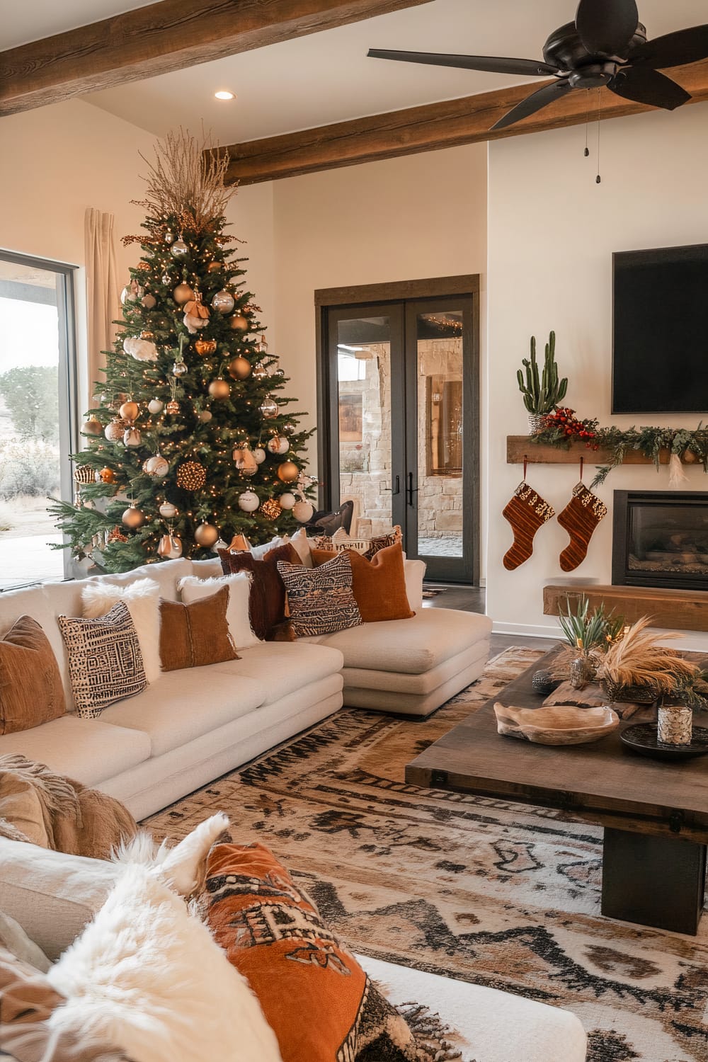 A warm and festive living room is adorned with holiday decor. Dominating the scene on the left is a tall Christmas tree decorated with gold and white ornaments. Below it lies a soft, white sectional sofa filled with orange, brown, and patterned cushions. In the background, through glass doors, part of an outdoor patio is visible. On the right, a wall-mounted television hangs above a rustic wooden shelf that holds a green cactus plant and holiday garland. Below the shelf, a fireplace is framed by two reddish-orange knitted stockings. A large, patterned area rug covers the floor and a dark wooden coffee table with decorative items completes the room.