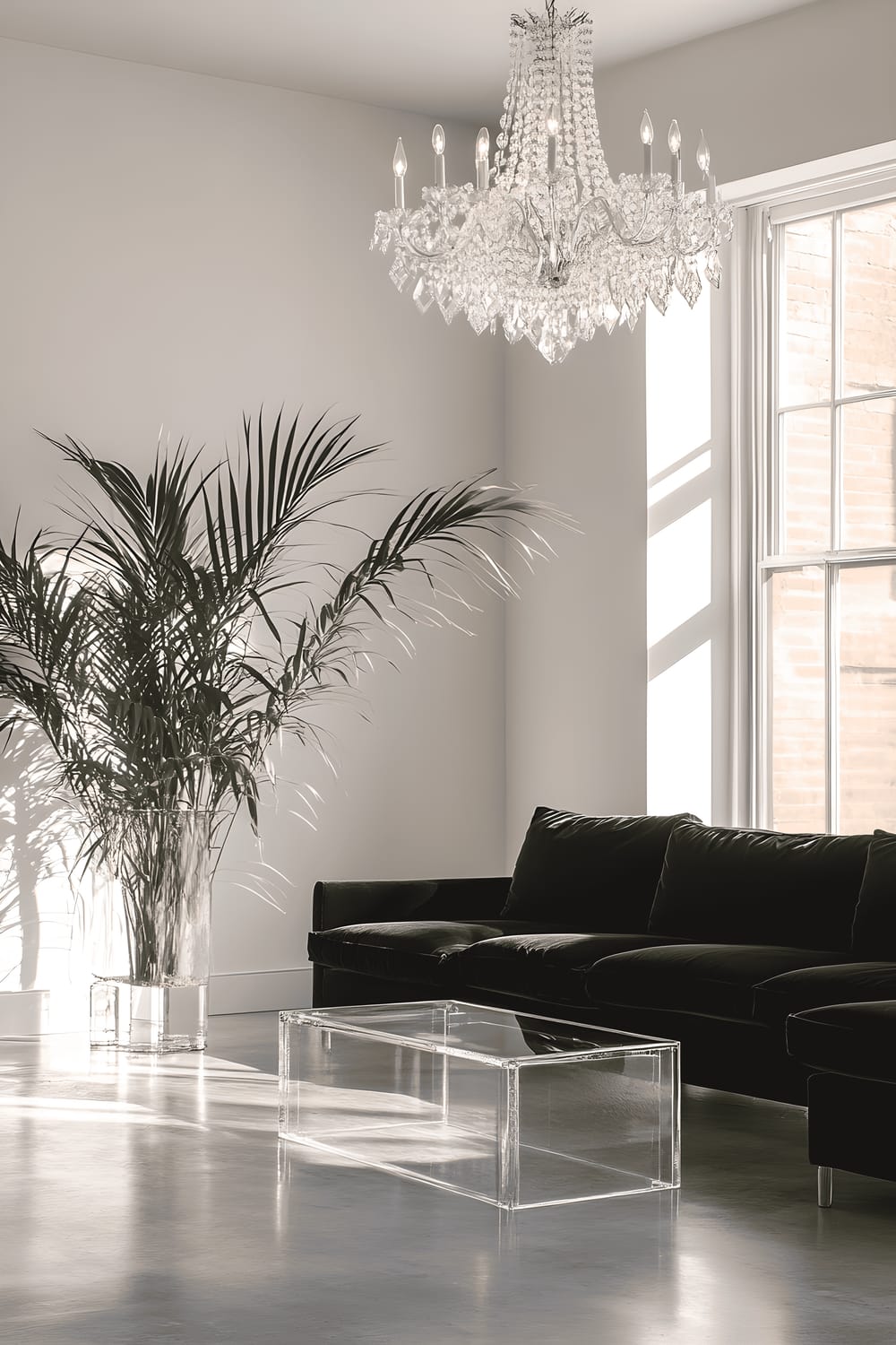 A minimalist, modern living space with a monochromatic color palette. A black sofa dominates one wall, paired with a transparent acrylic coffee table. On the opposite corner, a tall Kentia Palm plant is situated beside a large window, through which sunlight pours. The room's centerpiece, a grand crystal chandelier, hangs from the ceiling, casting sparkles around the room as the sunlight hits its facets.