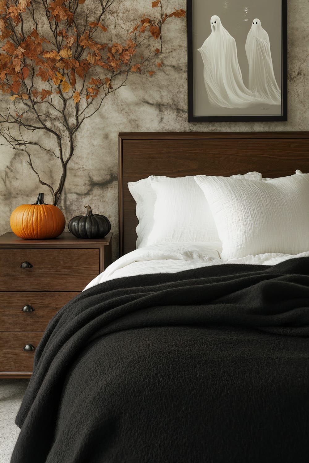 This image depicts a stylish bedroom with a distinct autumnal and slightly spooky theme. The bed is made with white linens and topped with a soft black blanket. A wooden nightstand next to the bed features two pumpkins, one orange and one black. The wallpaper behind the bed displays a mural of a tree with orange and brown autumn leaves. Above the bed is a framed artwork with two ghostly white figures against a dark background, adding to the room's spooky yet sophisticated design.