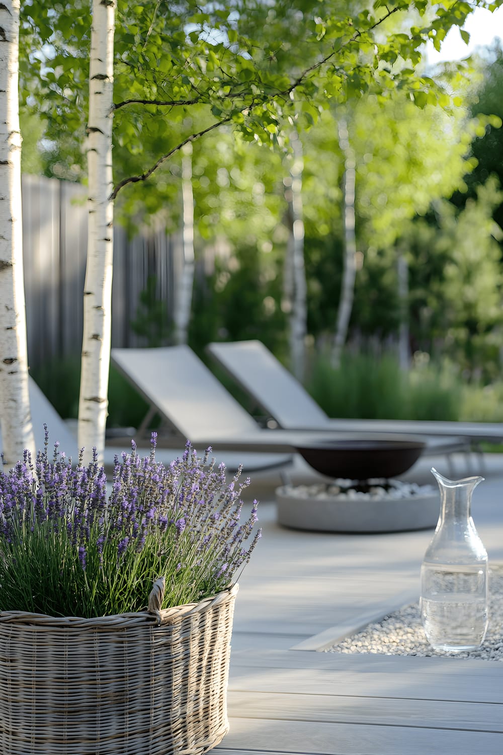 A meticulously designed minimalist patio space with pale wooden deck boards underfoot. Delicate hues of gray define the sleek loungers placed casually. A round fire pit circled by light gravel resides centrally around which the loungers gather. Gentle birch trees stand tall against a blurry background. Woven baskets filled with blooming lavender and white heather add a soft contrast to the stark minimalist aesthetics. The morning light brings a crisp clarity to the scene as it playful bounces off a glass water pitcher.