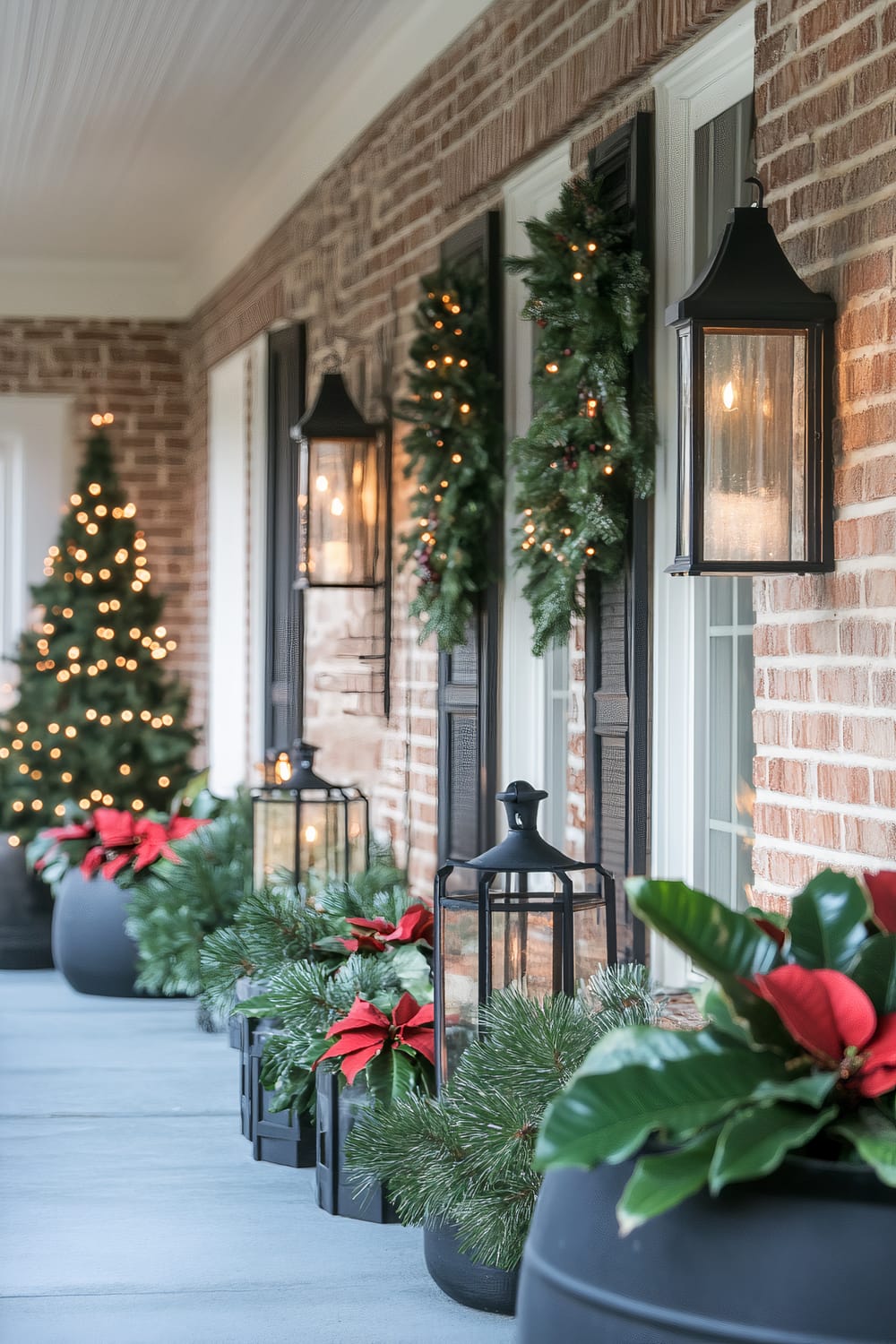 A festive porch decorated with holiday-themed elements. The scene features garlands with lights hanging on a brick wall between large black-framed windows. Elegant black lanterns with candles are mounted on the wall, and large pots filled with pine branches, poinsettias, and other evergreen decorations line the porch. In the background, a Christmas tree adorned with white holiday lights stands near the door.