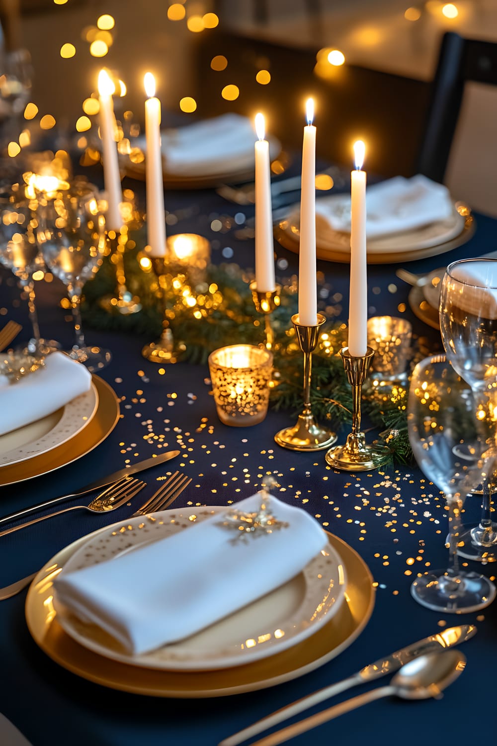 A beautifully set dining table for New Year’s Eve, lit by soft overhead lighting. The centerpiece consists of five white candles in gold holders, surrounded by ten small gold confetti pieces. Each place setting features a white linen napkin, a gold-rimmed plate, silver cutlery, and a sparkling wine glass. The tablecloth is deep navy blue, creating a striking contrast against the gold decorative elements.