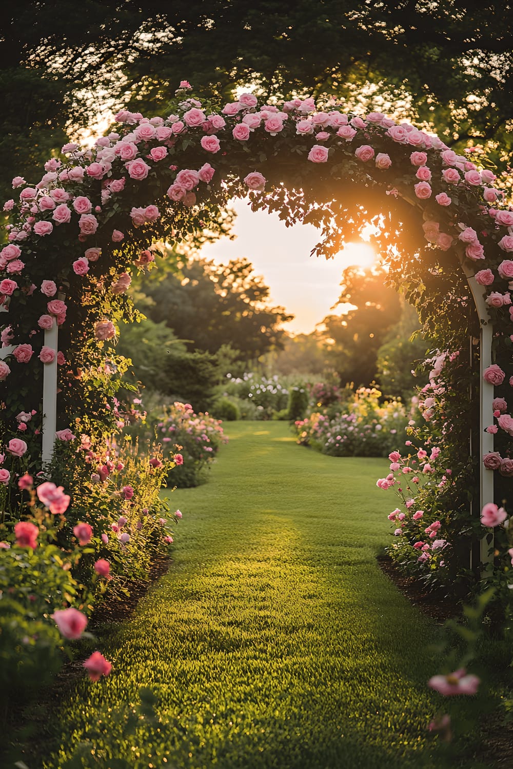 A garden scene highlighted by a large white archway draped in blush pink roses, leading onto a vibrant green lawn dotted with wildflowers and bathed in warm sunlight.