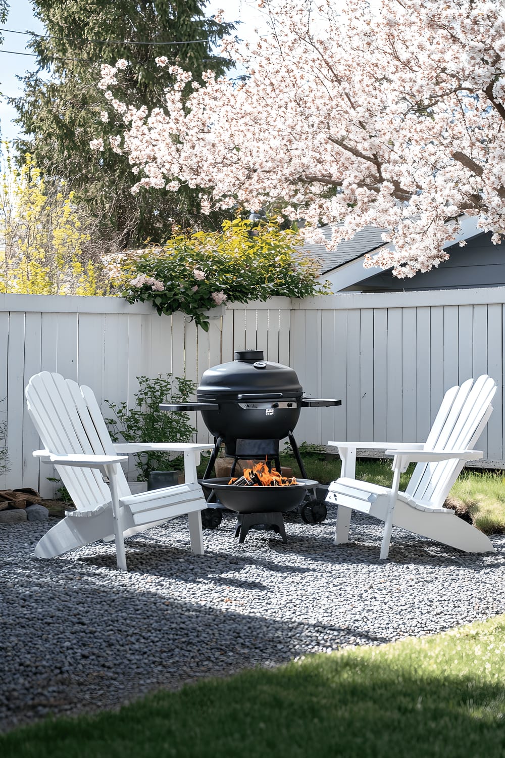 A budget-friendly backyard setting with a gravel patio area featuring two white Adirondack chairs positioned around a small metal fire pit. Nearby, there is a black portable grill and a potted plant. A tall wooden fence painted in white and trees in full bloom provide a serene and private background.