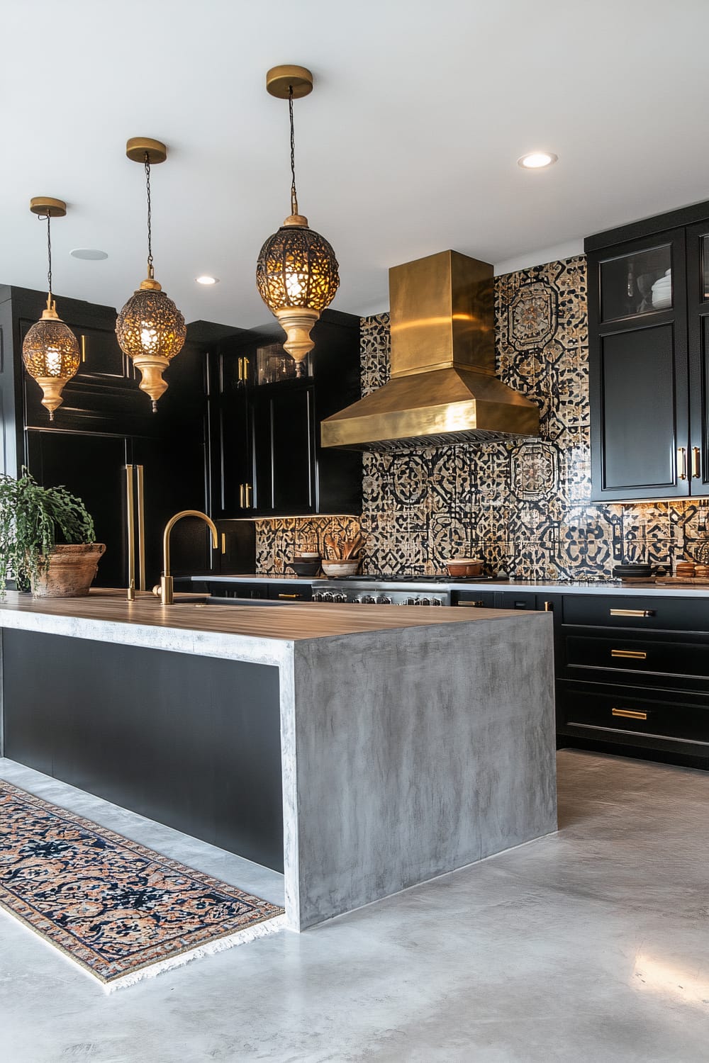 Modern kitchen with a concrete island, black cabinetry, ornate patterned backsplash, and brass accents. Three intricate Moroccan pendant lights hang from the ceiling. A brass range hood is above the stove. A potted plant sits on the island, and a patterned runner lies on the floor.