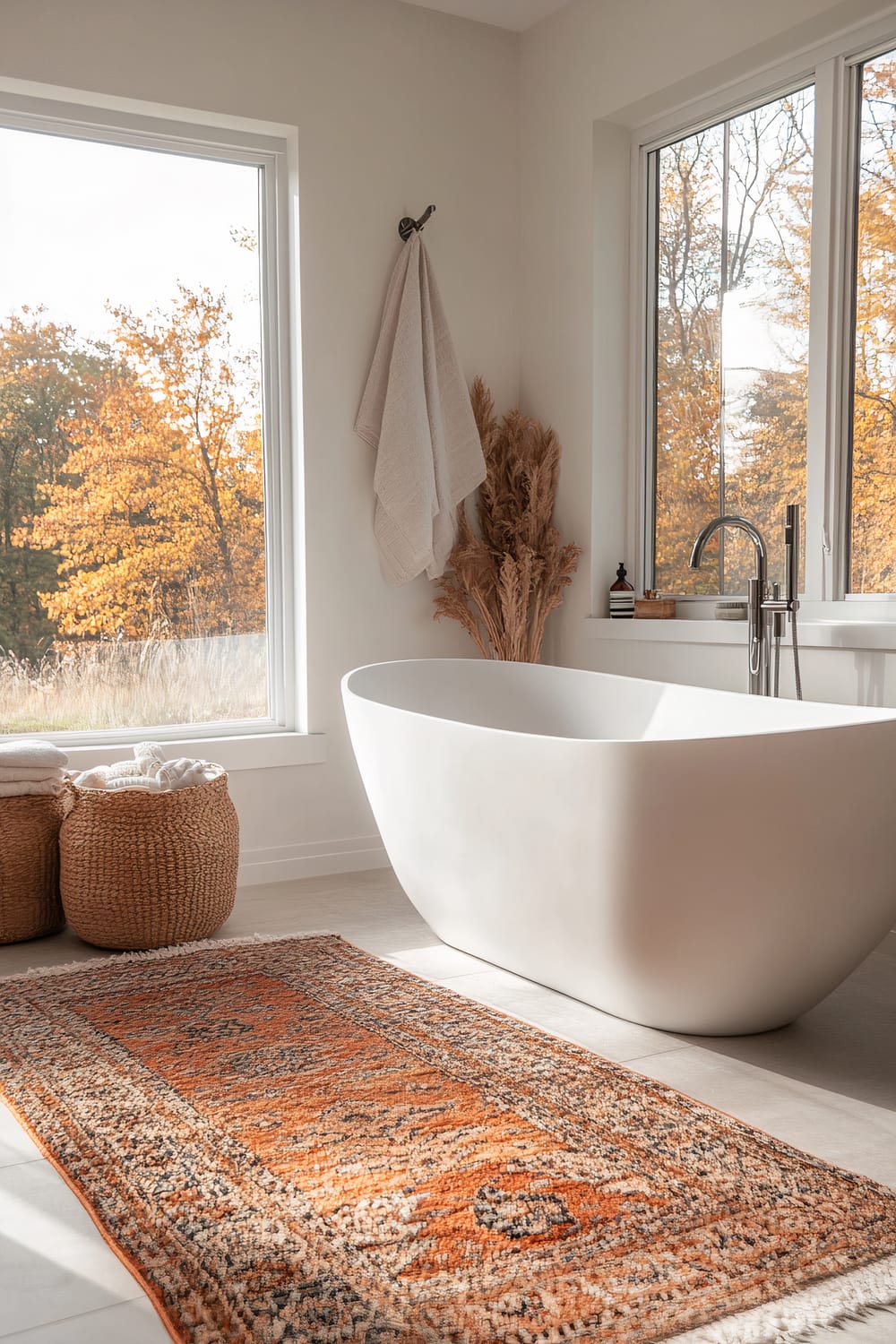 A serene bathroom bathed in natural light from large windows overlooking autumn foliage. The space features a modern, freestanding white bathtub on a light-colored floor, anchored by an ornate, warm-toned, patterned rug. Two woven baskets filled with folded towels are placed beside the tub, while a beige towel hangs on a hook on the wall. A vase filled with dried pampas grass adds a touch of rustic charm next to the tub's sleek faucet.