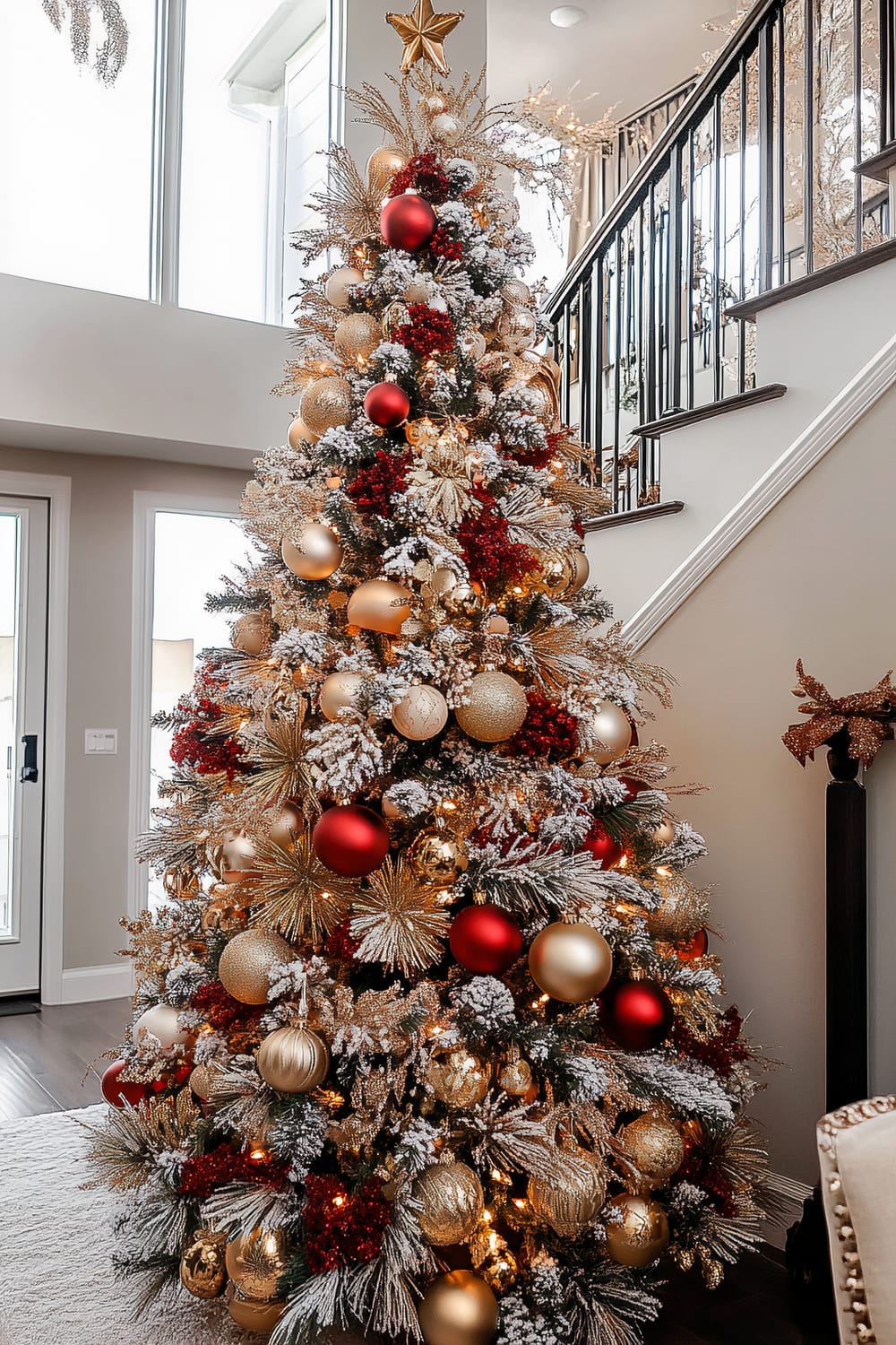 The image showcases a beautifully decorated Christmas tree adorned with red and gold ornaments. The tree is flocked with artificial snow, giving it a wintry appearance. Large red and gold baubles, golden starbursts, and smaller sparkly ornaments are intricately placed throughout the tree. At the top, a golden star tree topper shines brightly. The setting includes a beige wall, a staircase with black railings, and a sunlit area through large windows, which adds a natural brightness to the festive scene.