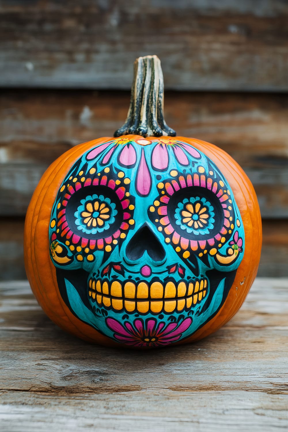 An orange pumpkin with an intricately painted sugar skull design. The skull design features vibrant colors such as blue, pink, yellow, and orange, with floral patterns and geometric shapes accentuating the face's features. The pumpkin is set against a rustic wooden background.