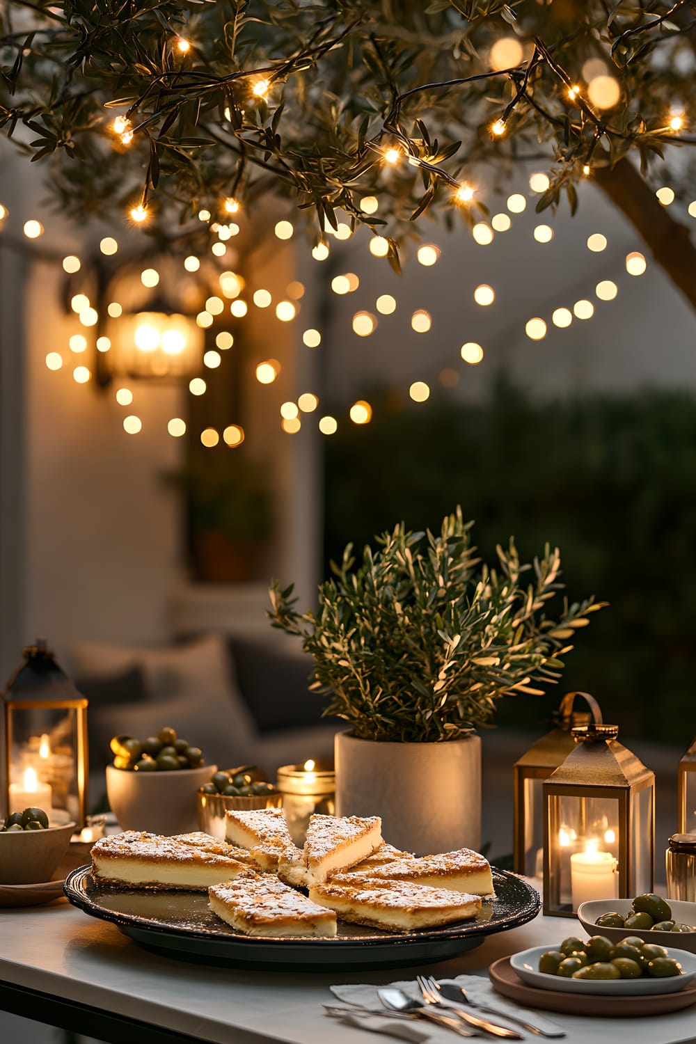 An outdoor patio is decorated elegantly for New Year's Eve, featuring a ceramic white table set with slices of vasilopita (a New Year's Greek cake) arranged on a black mirrored platter, olive bowls, silver dessert forks, scattered confetti, and potted olive branches. Above hangs a network of warm white string lights creating a magical atmosphere. On either side of the table, large gold lanterns with LED candle lights sit, adding to the yuletide ambience. The backdrop of twinkling string lights against a smooth dark slate surface completes this celebratory setting.