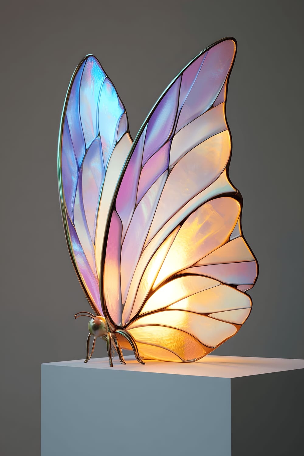 A surreal butterfly-shaped lamp with oversized, translucent wings in iridescent purple and blue hues, showcasing intricate patterns and gradients. The lamp is sat on a minimalist white side table and casts enchanting, colorful shadows around the room.