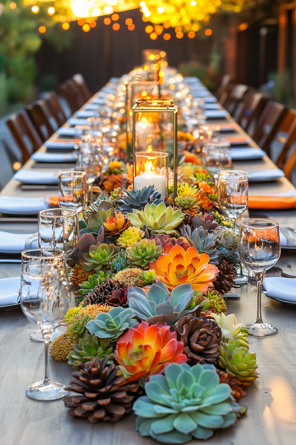 An elegantly set outdoor dining table is adorned with lush succulent arrangements and pinecones as the centerpiece. Glass lanterns with flickering candles add a warm, inviting glow. The table is flanked by numerous wooden chairs while sparkling string lights are suspended above, creating a magical ambiance. Each place setting is complete with white plates, neatly folded napkins, and polished wine glasses, reflecting the candlelight.