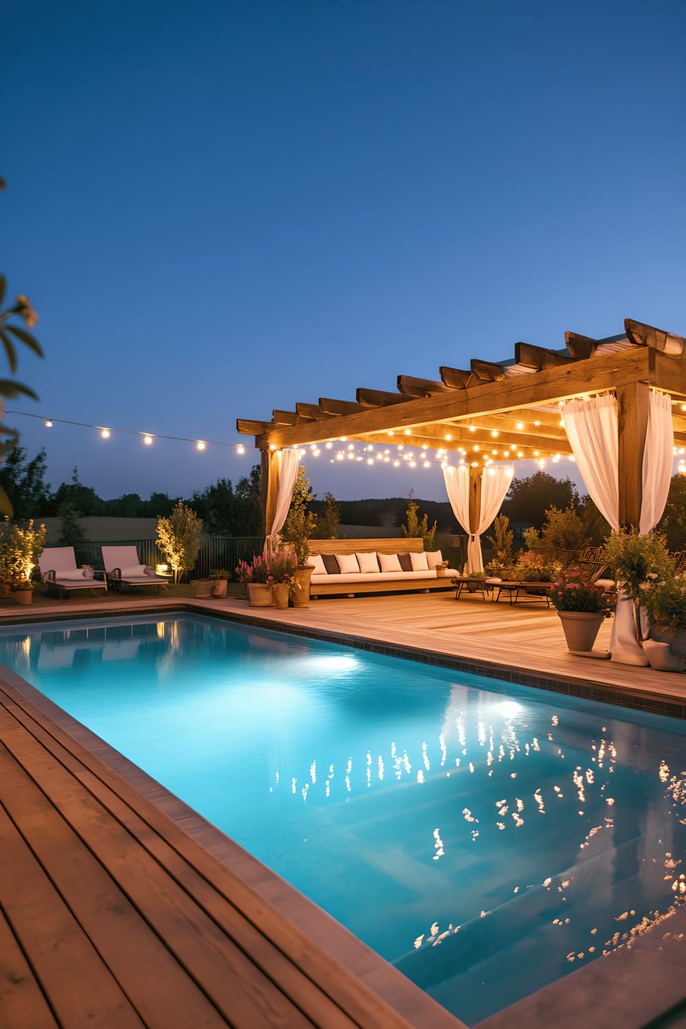 A tranquil backyard scene features a rectangular swimming pool that is beautifully integrated with the warm-toned wooden deck. A rustic, vine-covered pergola with soft, billowing white curtains is positioned at one end of the pool. Evening ambiance is created by string lights dangling above the pool and deck, and the edges of the enclosure are decorated with a neat line of potted herbs and blooming flowers. The vivid presentation and farmhouse style evoke a charming blend of country simplicity and luxurious relaxation.