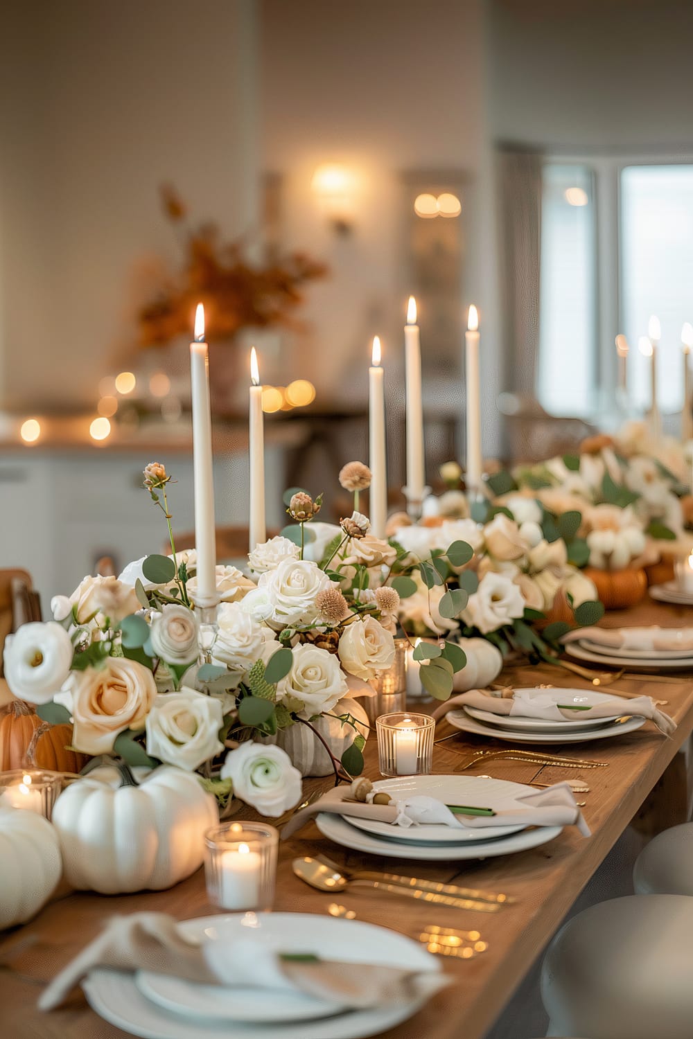 A beautifully set dining table adorned with elegant decor, featuring white roses, greenery, and tall lit candles. The floral arrangements are interspersed with white ornamental pumpkins, providing a sophisticated yet natural look. The table is set with white plates, gold cutlery, and neatly folded napkins, with softly glowing tea light candles adding warmth and charm to the overall ambiance.