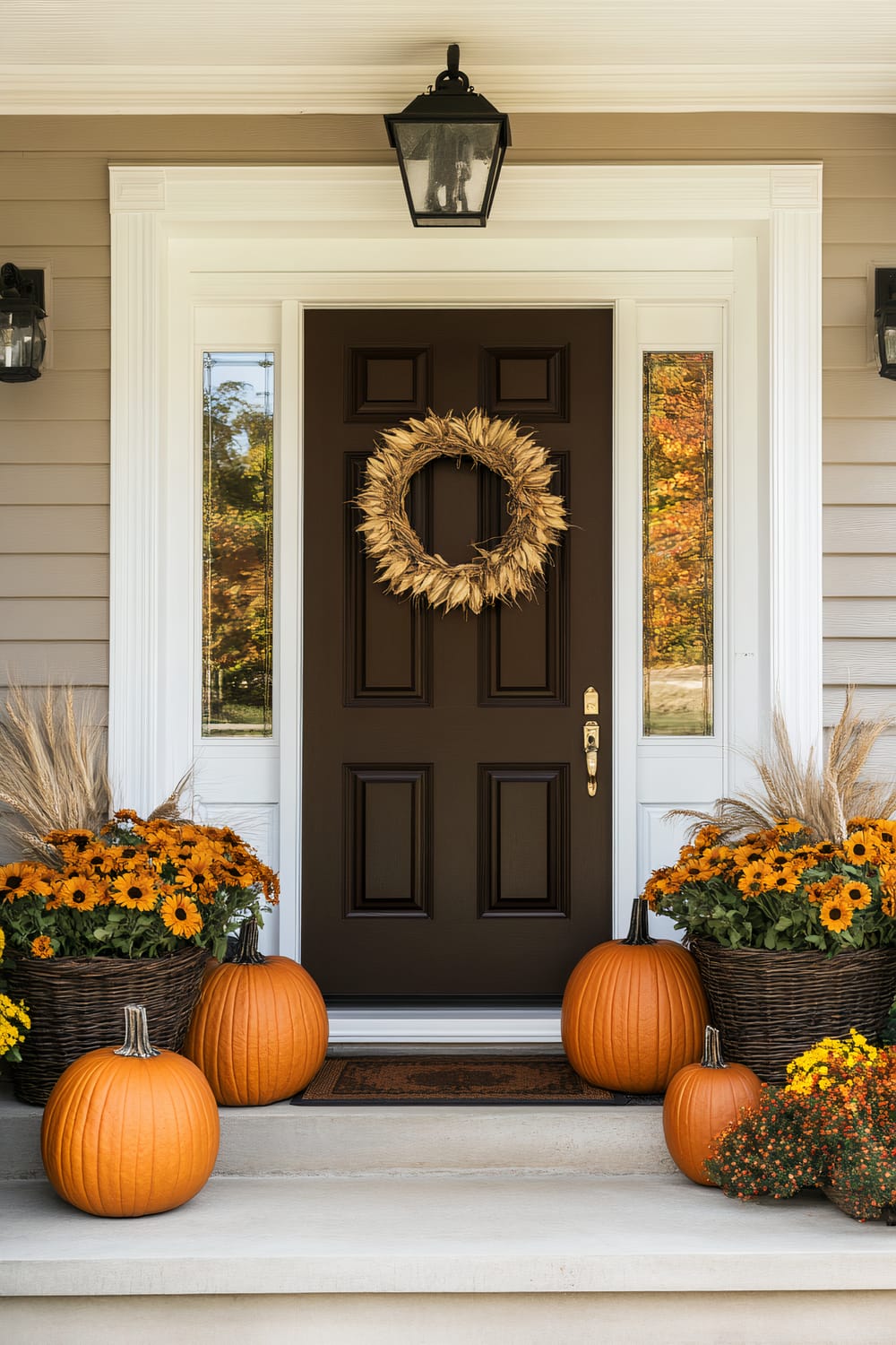 An autumn-themed front porch decorated with a dark brown door featuring a golden straw wreath, flanked by two vertical sidelights. The steps leading to the door are adorned with orange pumpkins, yellow and orange flowers in wicker baskets, and dried wheat plants. A black outdoor lantern hangs above the door.