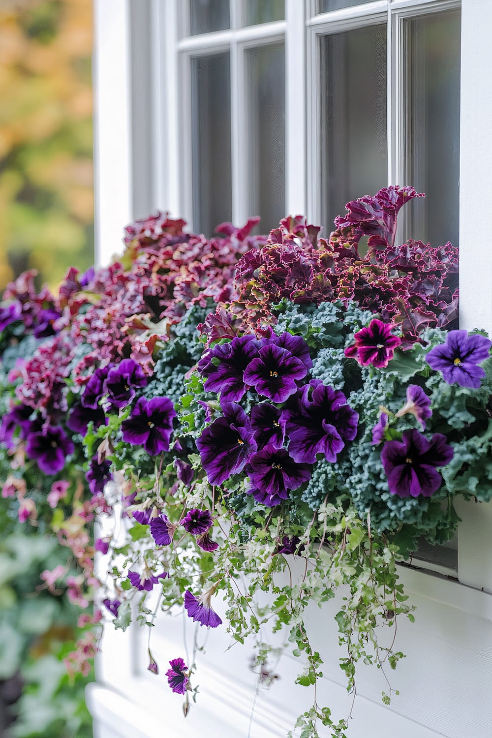 Close-up of a beautifully arranged window box filled with vibrant purple petunias, lush green foliage, and purple-tinged decorative cabbage leaves, all cascading over the edge of the planter. The background shows white window panes and the blurred hint of a garden scene.