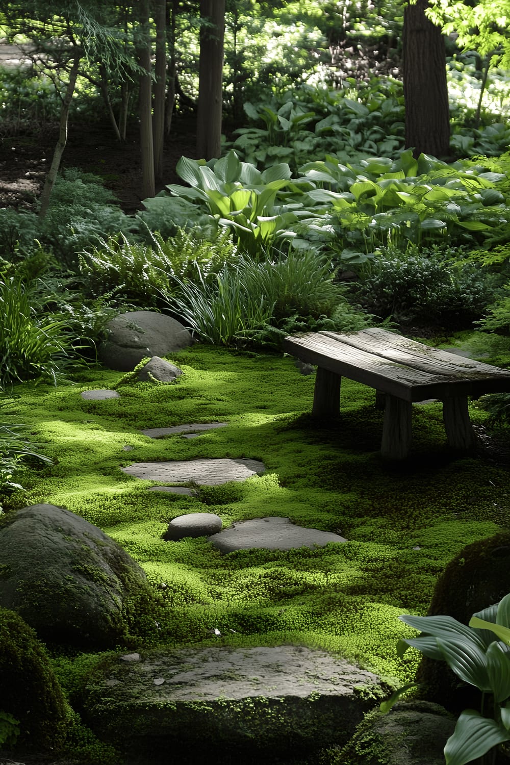 A serene garden scene showcasing an emerald-green moss lawn with large weathered rocks scattered throughout, nestled among ferns and hostas. A wooden Japanese-style bench is incorporated into the scenery, offering a tranquil meditation space.