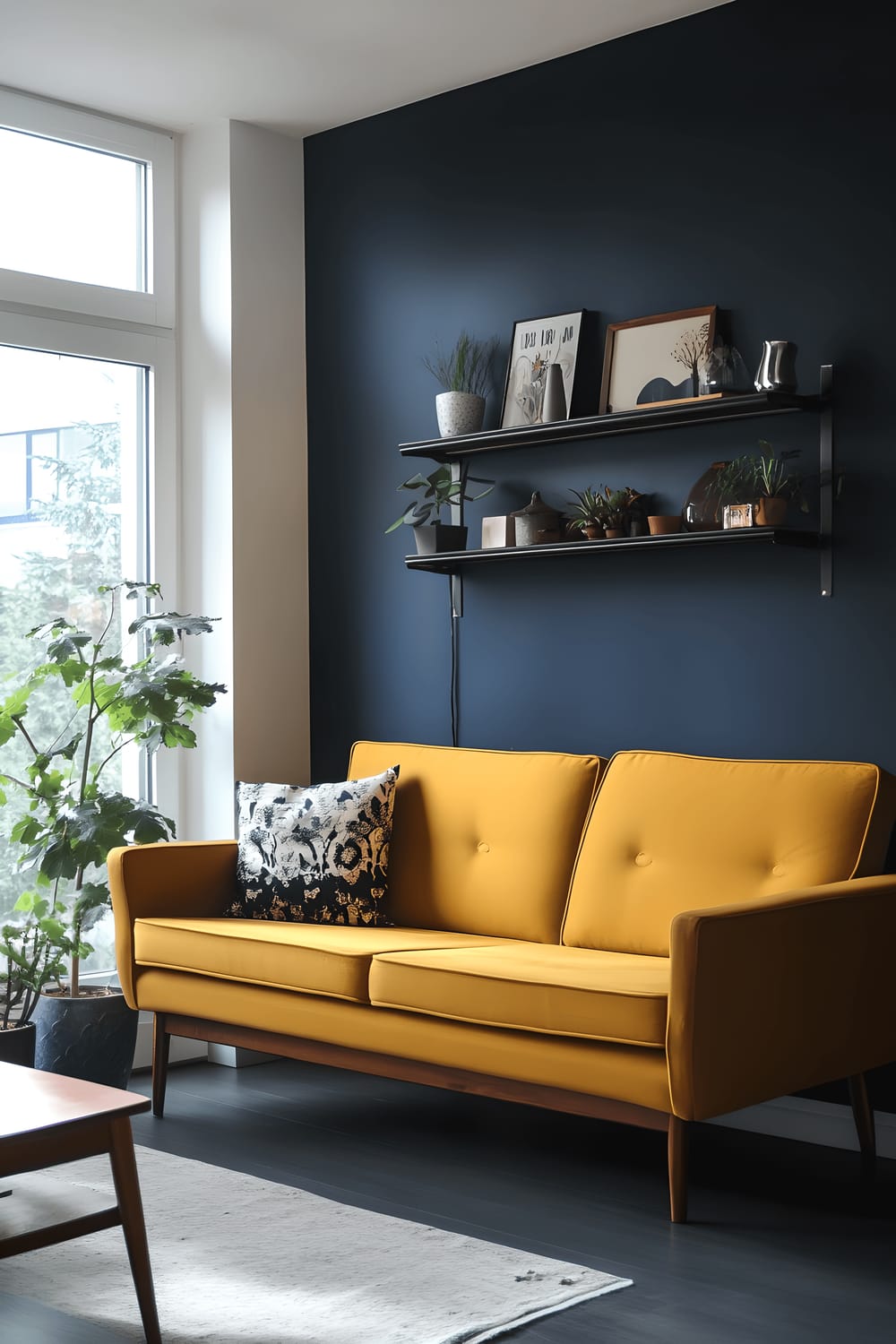 A compact living room featuring a sleek mid-century modern mustard yellow sofa placed against a deep navy accent wall. The room is adorned with a teak wood side table supporting a simple ceramic lamp, and floating metal shelves displaying retro decor pieces. Large windows on one wall allow a generous intake of daylight, supplemented by dim recessed lighting for contrast.