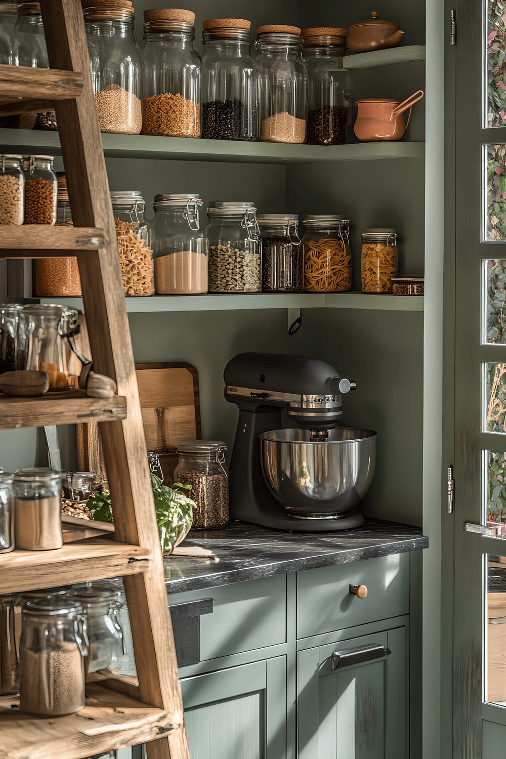 An artisan pantry set in a Milan home, featuring open shelving painted in soft sage green. The shelves are populated with vintage glass jars filled with colourful spices and artisanal pasta, alongside neatly stacked ceramic canisters. A rustic wooden ladder is leaning against the shelves on the left. In the lower part of the pantry, a small black marble countertop is visible, adorned with a sleek stainless steel mixer. Sunlight pouring in from a window offers a warm illumination, emphasizing the vibrant colours of neatly arranged pantry items.