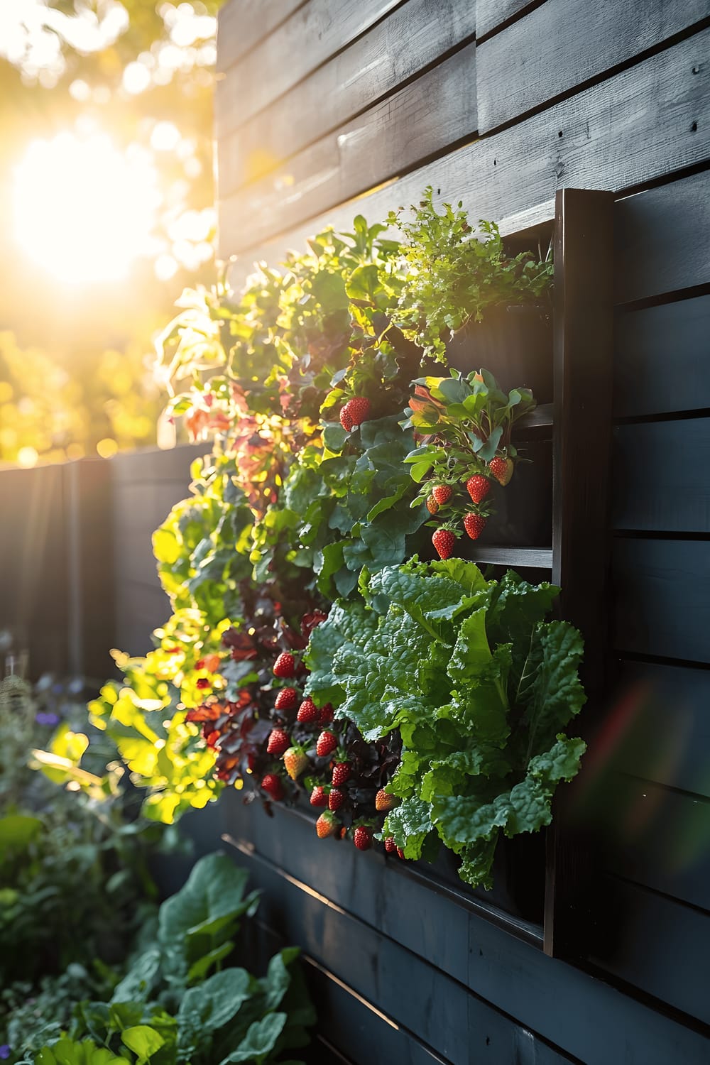 A modern vertical wooden planter filled with a variety of edible plants, such as Rainbow Swiss Chard, Lacinato Kale, Strawberry, and Lemon Balm, is attached to a sunny garden wall, showing a fresh and practical approach to urban gardening.