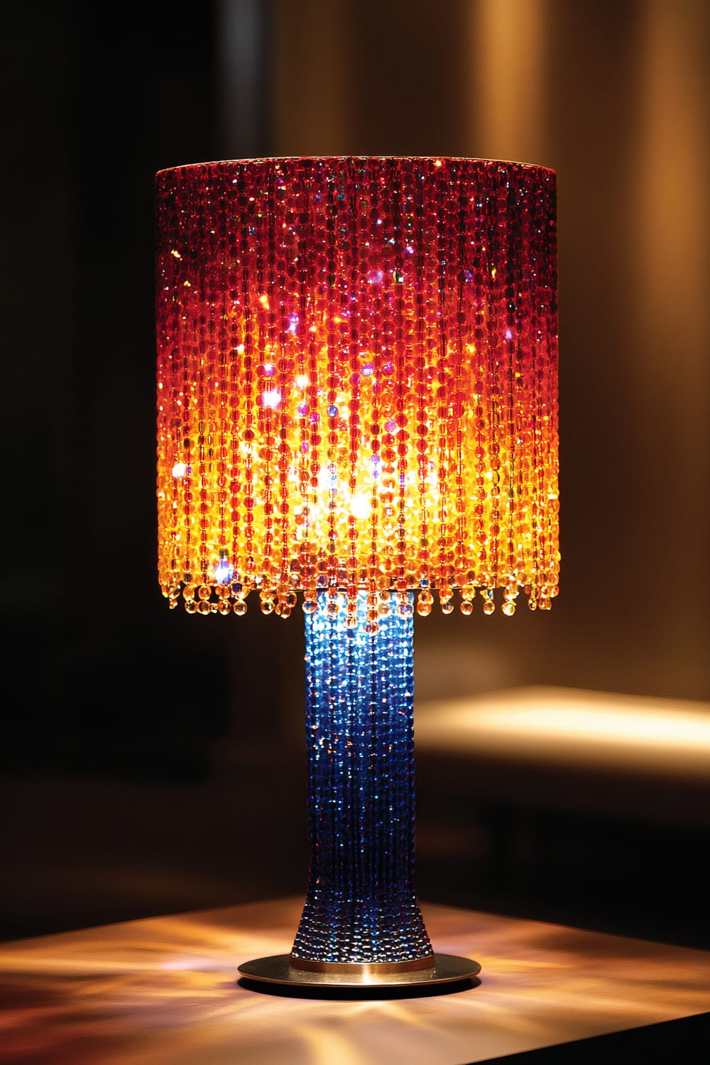 A beaded lamp with a striking lampshade made of ruby red, amber, and cobalt blue beads. The lamp emits a soft light that shines through the beads, casting intricate and colorful shadows on the surface below. The room around the lamp is dim and not clearly visible.