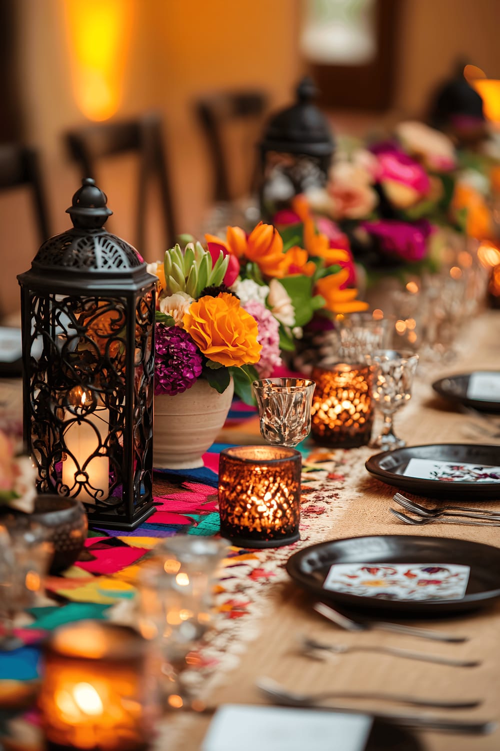 A vibrant, globally inspired centerpiece on a neutral-toned table. The display includes Moroccan lanterns, Japanese ceramic vases with ikebana floral arrangements, colorful Mexican papel picado banners, African woven baskets, and Scandinavian minimalist candle holders. All elements harmoniously blend, creating a celebration of diverse cultures under warm, ambient light.