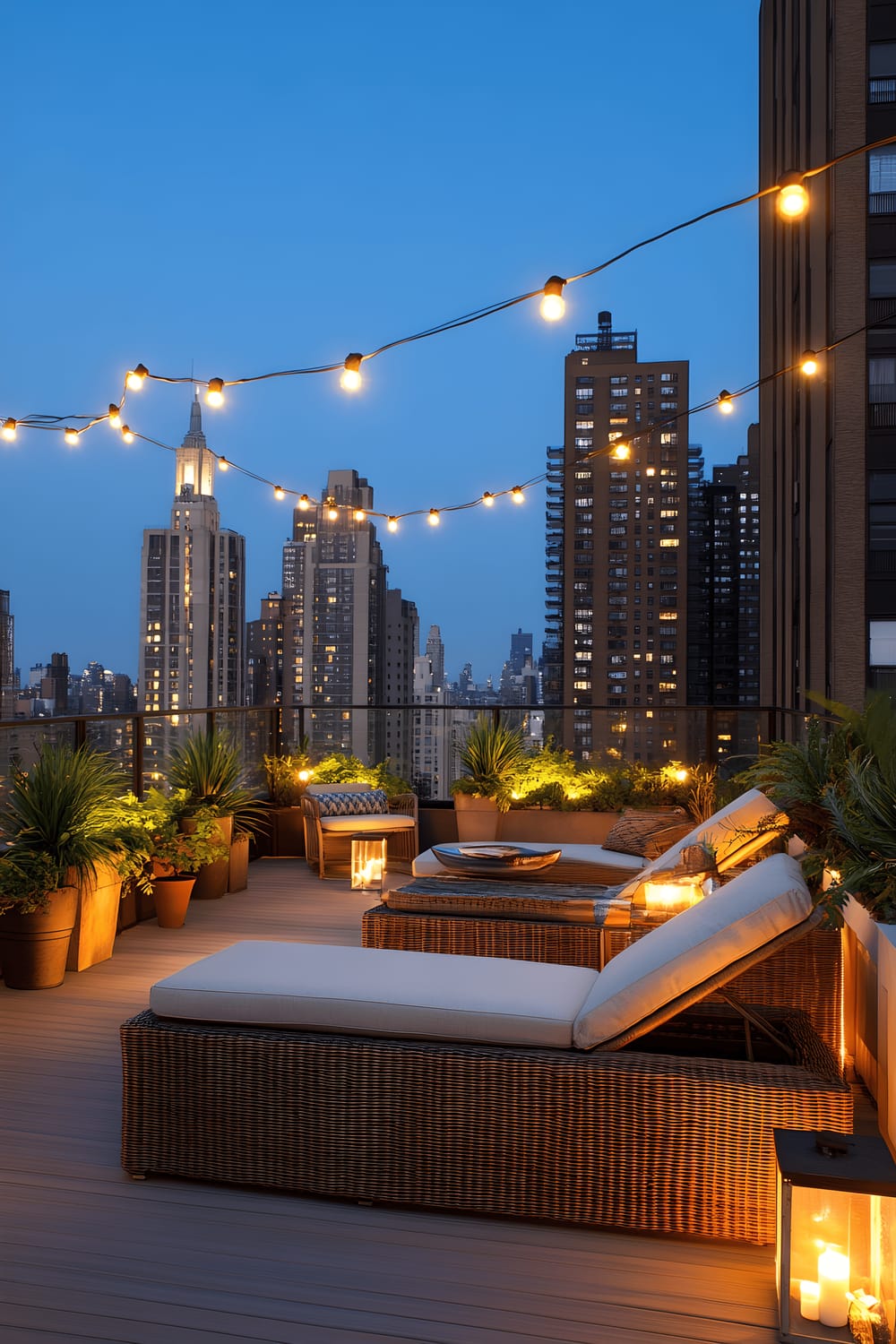 A floating rooftop garden deck furnished with sleek rattan lounge chairs. The deck space is modern with built-in planters filled with tropical palms. Overhead hang soft string lights that illuminate the area. In the background, the city skyline can be observed, adding a vibrant, urban touch to the tranquil space.