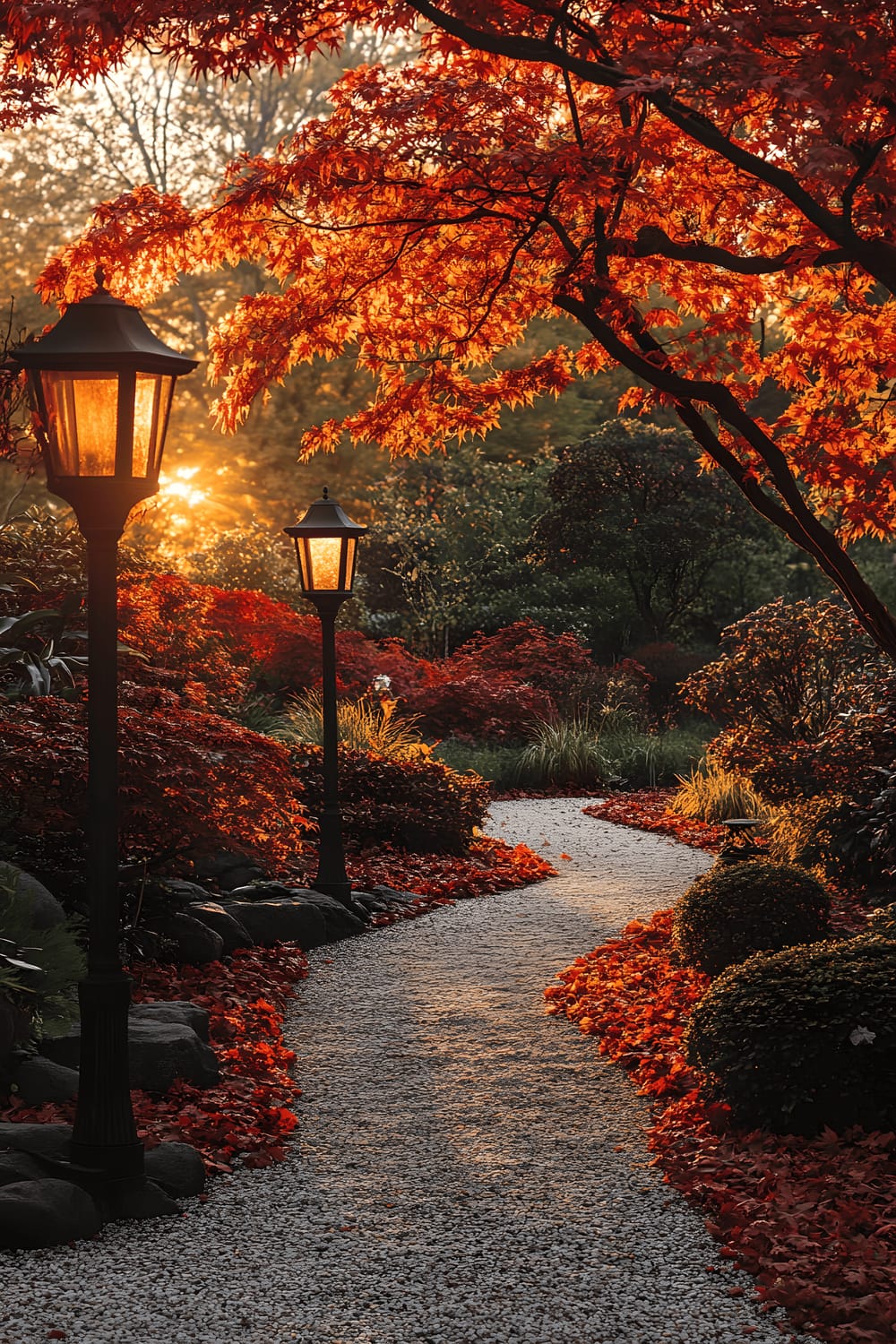 A vivid autumn garden at golden hour, featuring massive, fiery red maple trees under which lies a curving gravel pathway strewn with rich orange and crimson leaves. Antique black lanterns are scattered throughout, casting long golden shadows. The warm sunset light filters through the trees, illuminating the vibrant and somewhat moody fall landscape.