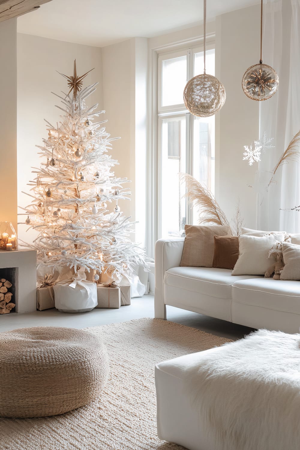 A bright and elegantly decorated living room featuring a white Christmas tree adorned with soft yellow lights and gold ornaments. Wrapped presents are placed under the tree. The room includes a white couch with neutral-toned cushions, sheer white curtains, and two hanging spherical lights. The space is accessorized with pampas grass, a round knitted pouf, and a textured area rug. A minimalist fireplace with stacked logs completes the serene, festive ambiance.