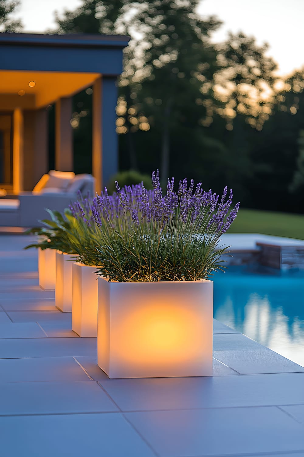 A modern poolside patio scene at dusk, with a collection of frosted glass planters brimming with lavender, ferns, and ornamental grasses. The planters are gently illuminated by warm LED lights, casting a magical glow over the entire setting.