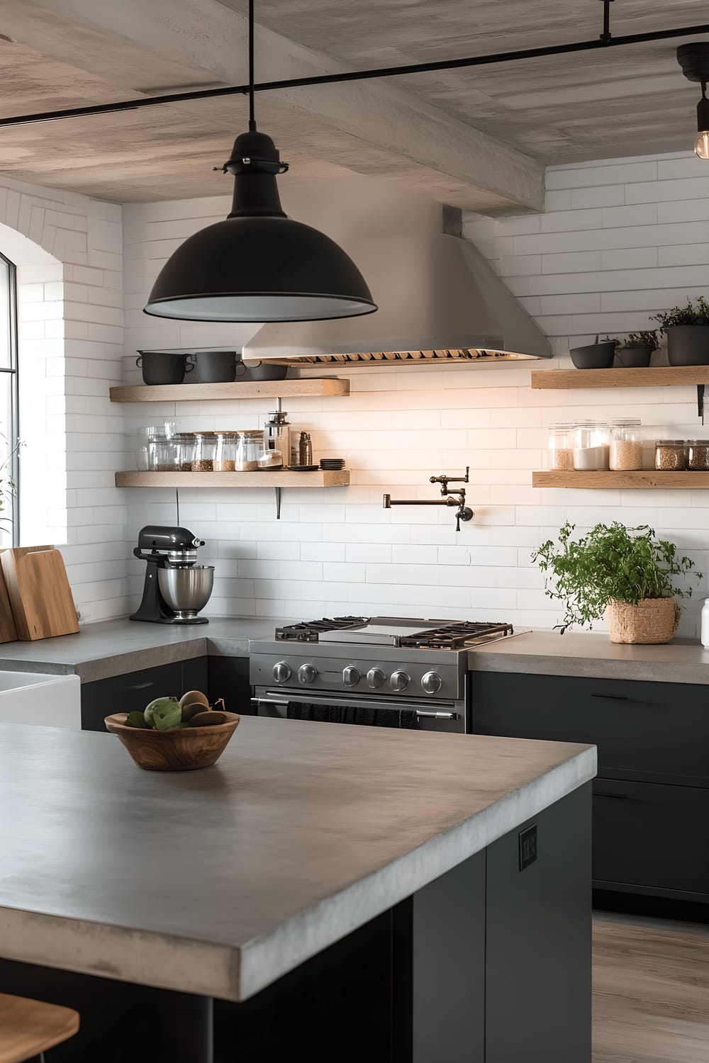 A spacious kitchen in Scandinavian industrial style showcasing matte gray cabinetry and concrete countertops. The kitchen features a large island under an industrial-style pendant light with exposed Edison bulbs. The space is illuminated by both natural and strategic lighting. Open shelves made of reclaimed wood and black metal display assortments of modern glass jars and ceramic ware. A white open-brick wall complements light wooden flooring, adding to the harmonious blend of chic and rugged aesthetics.