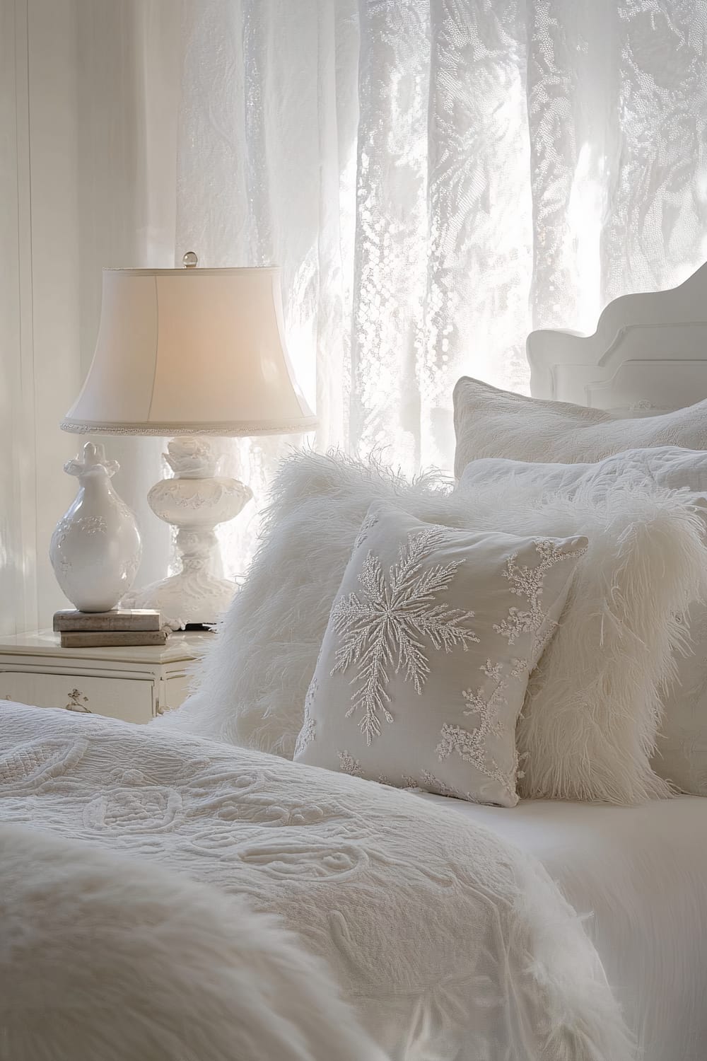 A serene white bedroom with a plush white feather bedspread, snowflake-patterned throw pillows, and a white lace curtain that allows soft morning light to illuminate the room. A unique white porcelain lamp sits on a bedside table next to a white decorative vase.