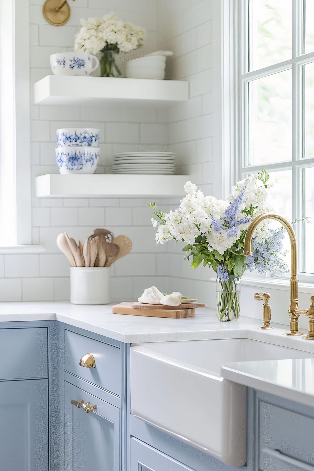 Elegant kitchen with light blue cabinetry, white subway tile backsplash, and brass fixtures. A farmhouse sink sits under a large window. Shelves hold white dishes and blue patterned bowls. A vase of white and light purple flowers is on the countertop beside a cutting board and kitchen utensils in a ceramic container.