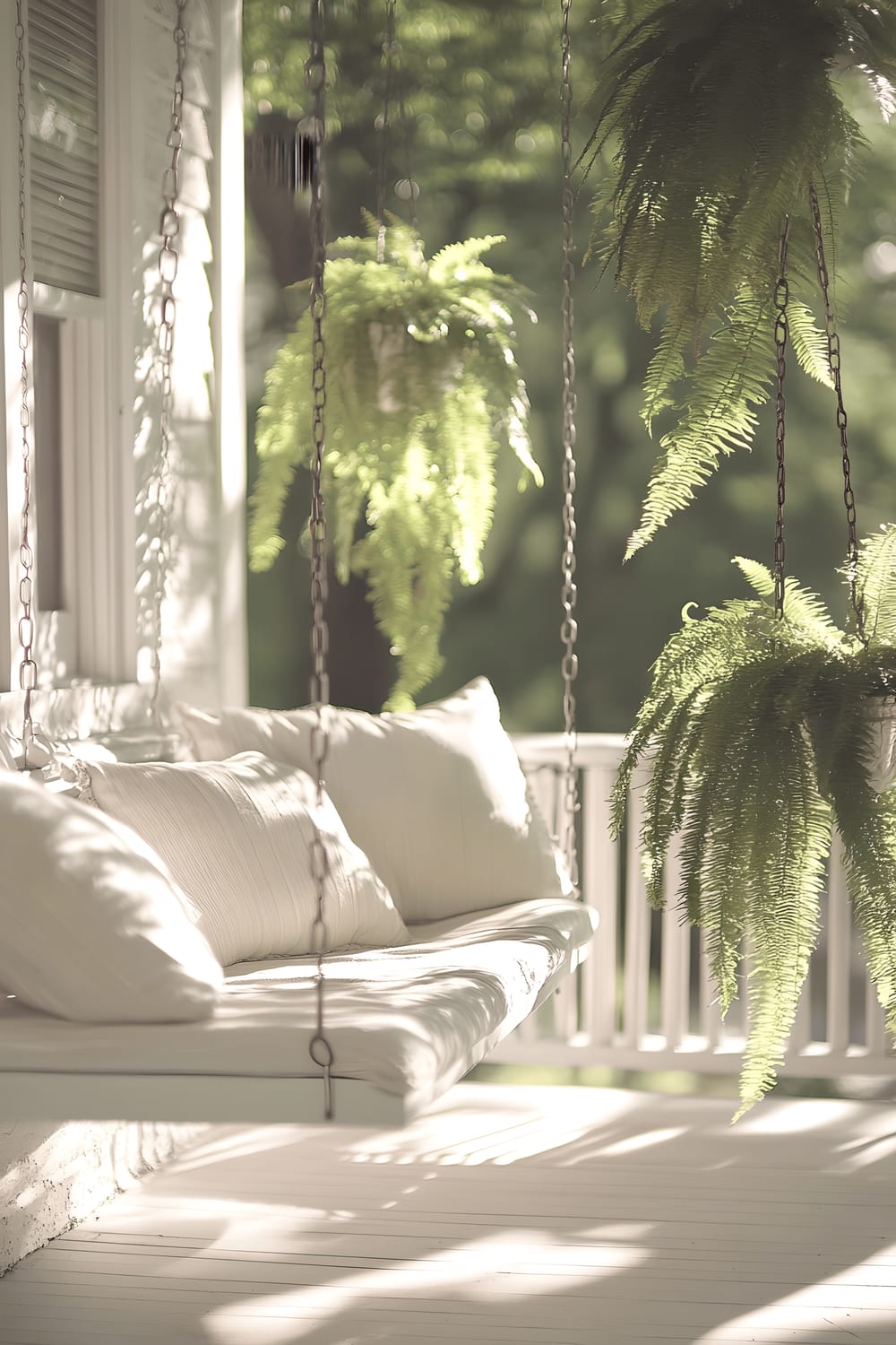 A sunny Southern-style front porch featuring large, hanging green ferns, a white painted porch swing adorned with an arrangement of fluffy, white linen pillows, and an expanse of wooden floorboards, warmly lit by morning sunshine creating intricate, leafy shadows.