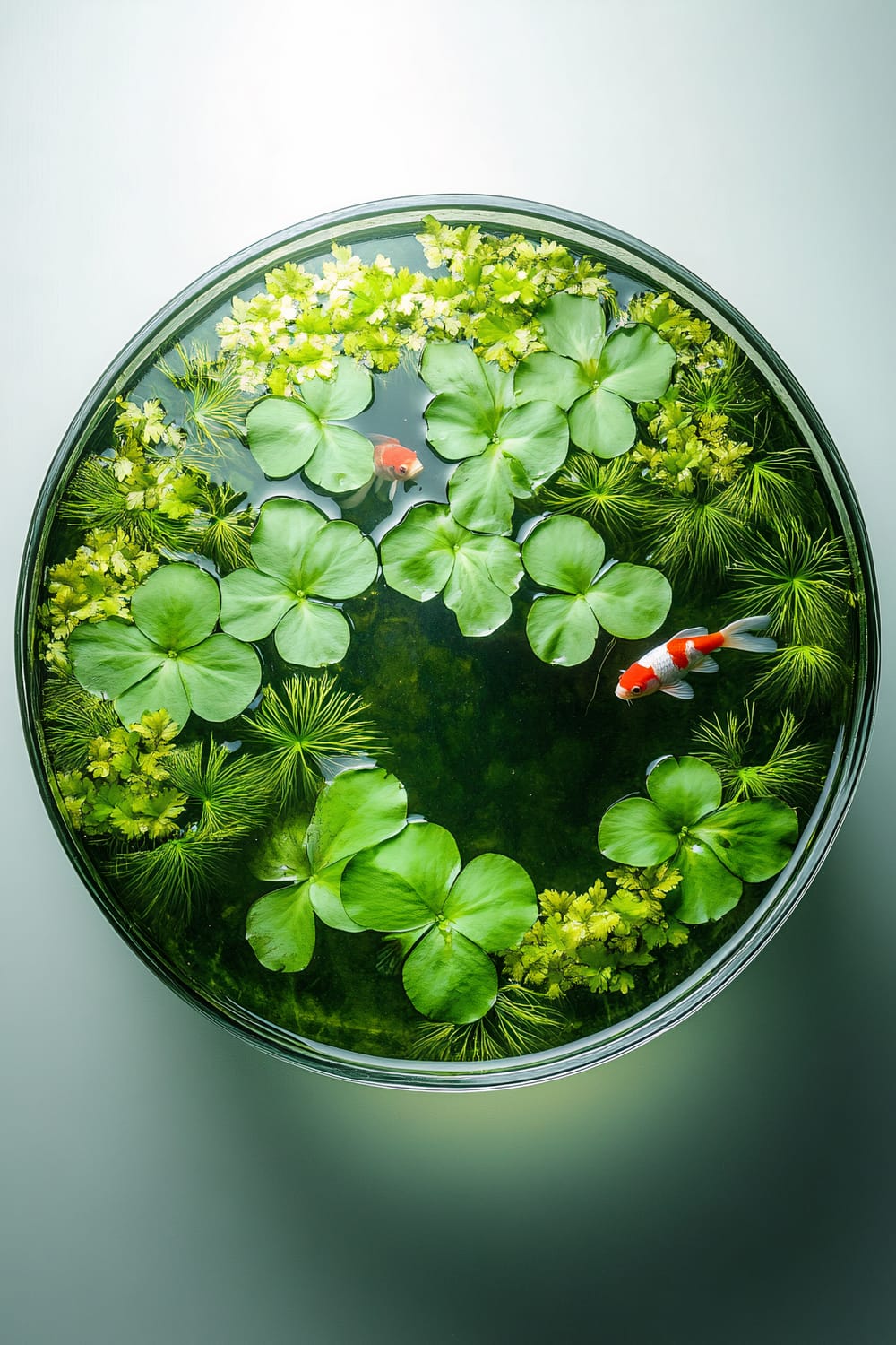 This image shows a circular fish bowl viewed from above, containing two brightly colored koi fish swimming among vibrant green aquatic plants with lily pad-like leaves and fine, feathery foliage.